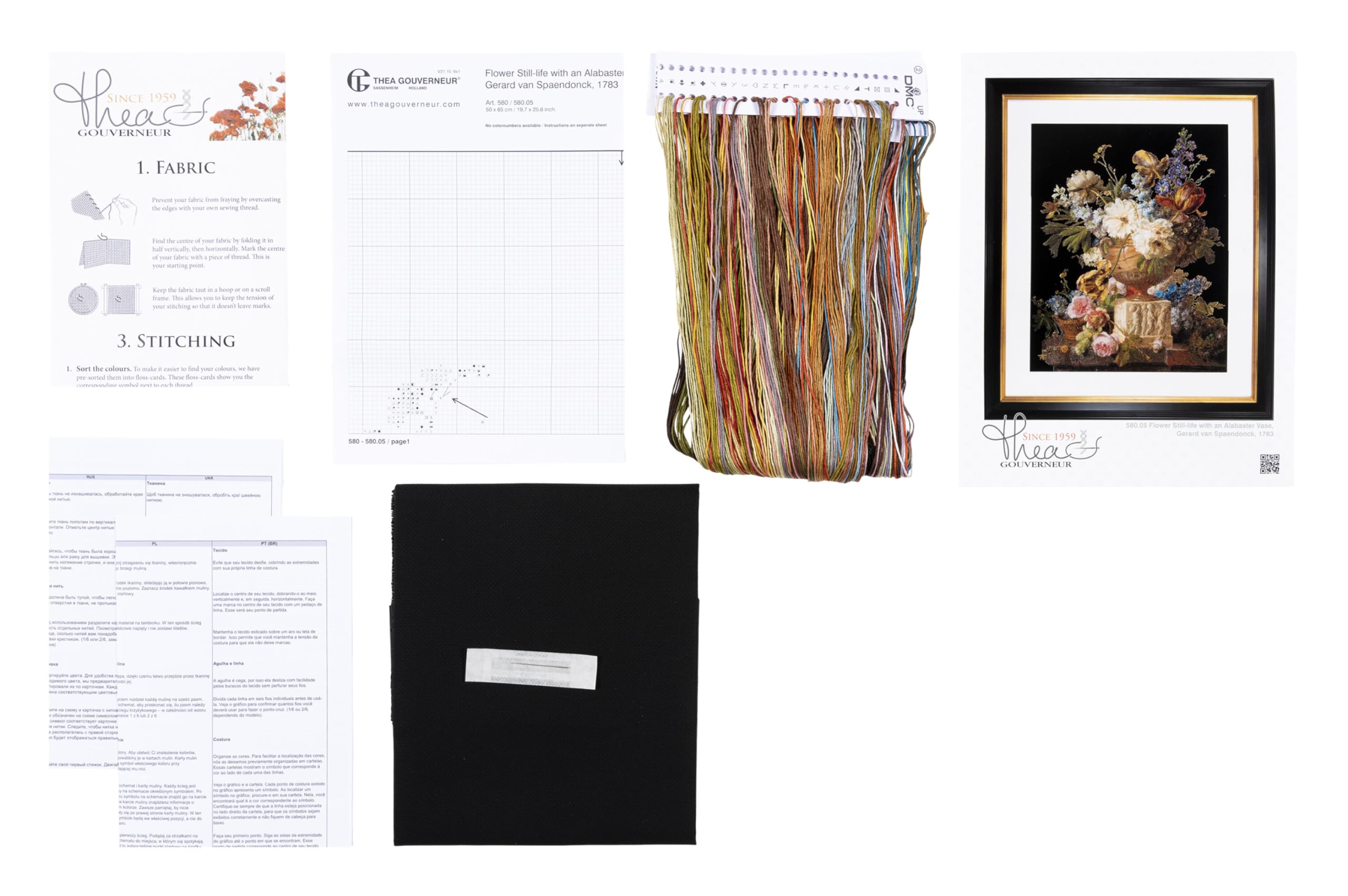 Thea Gouverneur Flower Still-Life Cross Stitch Kit with Alabaster Vase - 18 Count Black Aida Fabric - Includes DMC Embroidery Threads & Supplies - Adult DIY Craft Project - Perfect for Home Decor, Gift Giving & Relaxation