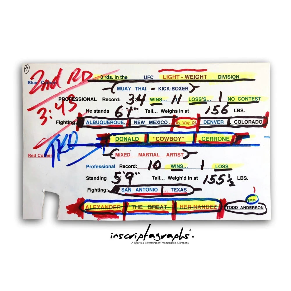 Authentic Bruce Buffer UFC Intro Card - Donald Cerrone vs Alex Hernandez ESPN Fight Night 1/19/19 - Collectible MMA Memorabilia for UFC Fans & Sports Collectors
