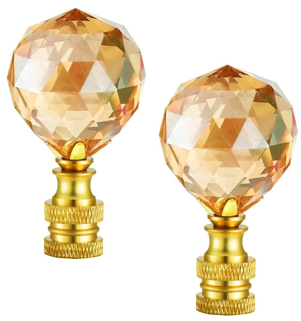 2Pcs 2-1/3 Inch Clear Champagne Crystal Lamp Finials with Polished Brass Base - Faceted Screw Top Knob for Lamp Shade Decoration - Perfect for Chandeliers, Table Lamps & Home Lighting Fixtures