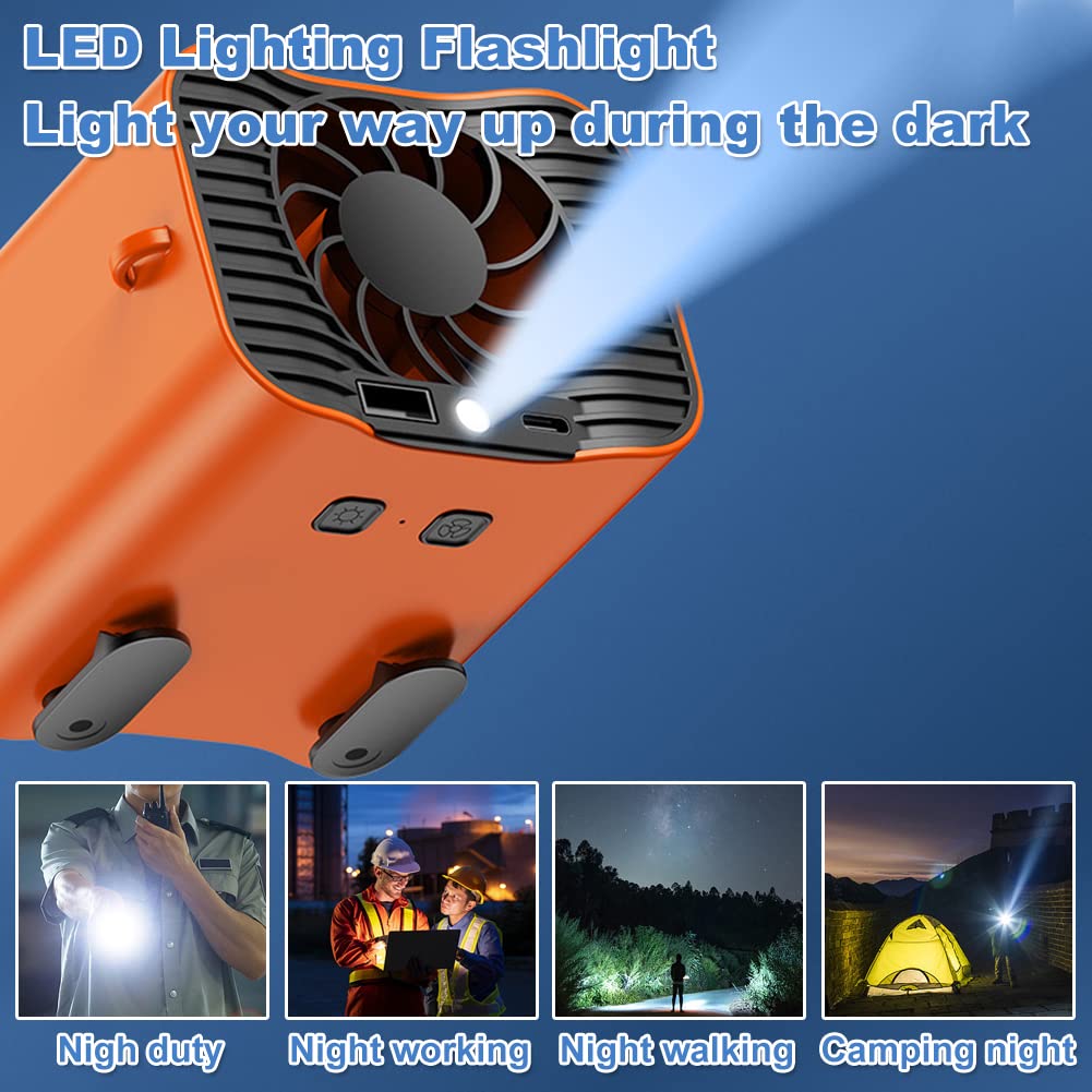 12000mAh Rechargeable Waist Clip Fan with LED Light - Powerful Portable Neck Fan for Outdoor Work, Camping & Activities | Strong Airflow & 24H Runtime | Hands-Free Cooling Solution for Hiking, Gardening & Sports