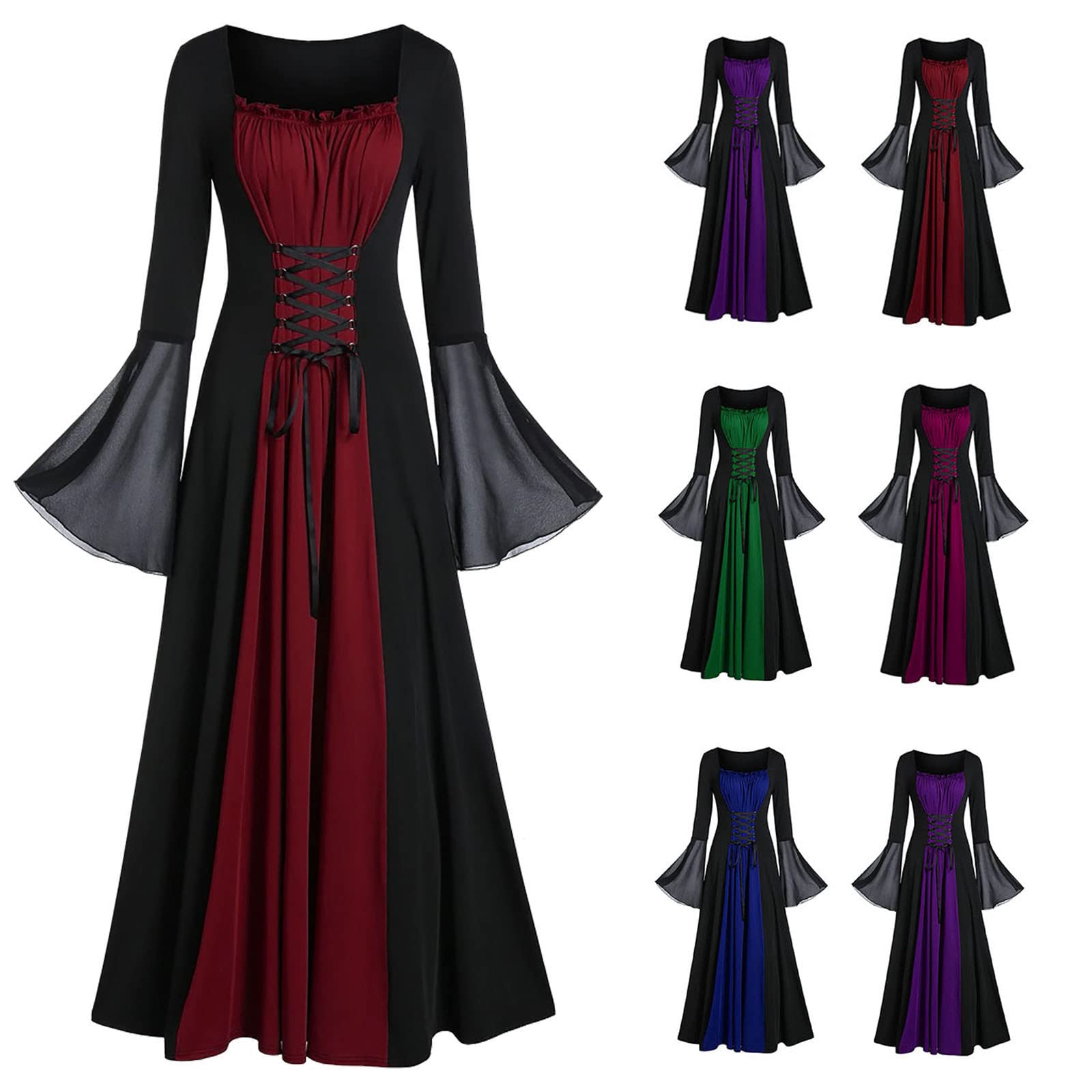 Gothic Vintage Dark Dress for Women - Mesh Bell Sleeve Long Maxi Dress with Square Neck | Perfect for Halloween Costume, Gothic Party, Vampire Themed Events & Vintage Fashion Lovers