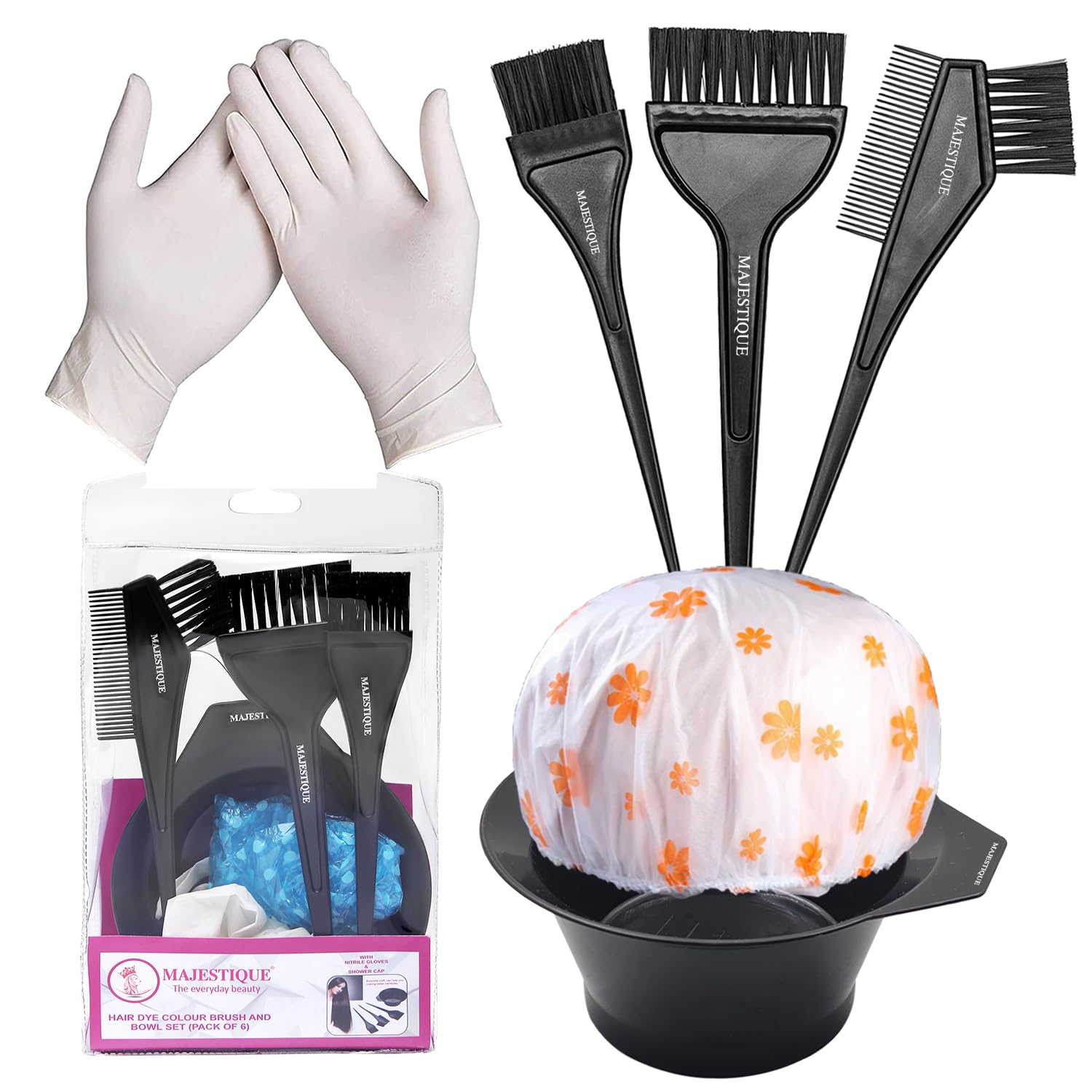 Majestique Hair Coloring Kit - 6 Pack Plastic Dye Brush, Mixing Bowl, Shading Cap & Gloves for DIY Hair Dye at Home - Salon Quality Hair Coloring Tools for Highlights, Ombre & Root Touch Up