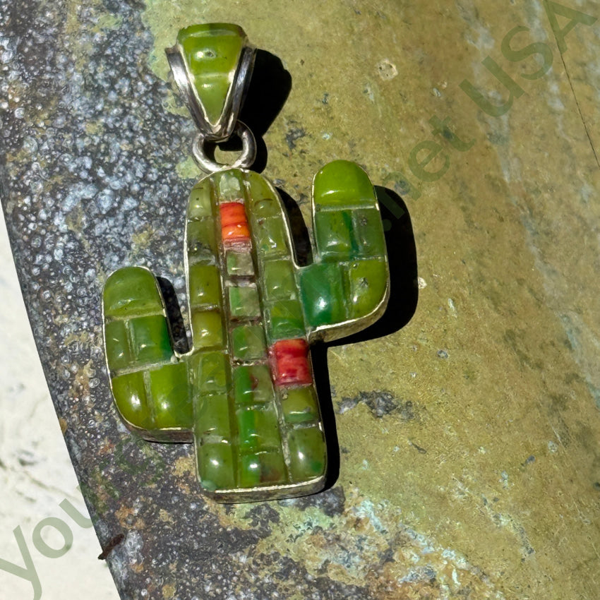 Sterling Silver Turquoise Coral Saguaro Cactus Pendant Necklace - Southwest Style Jewelry for Women, Gift for Nature Lovers, Perfect for Boho Fashion and Western Outfits