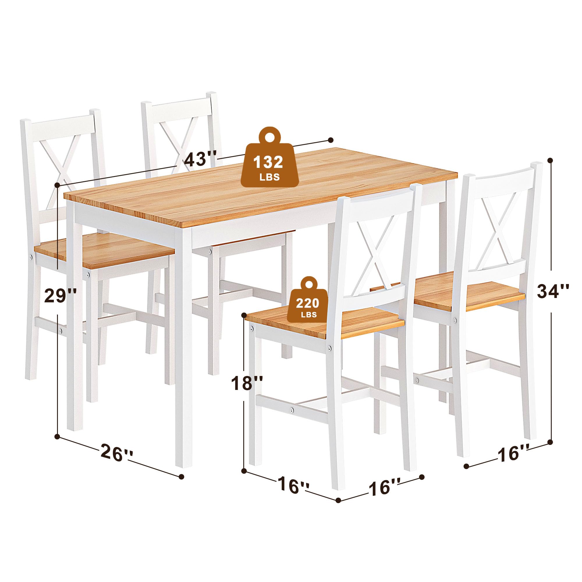 5-Piece Wooden Dining Table Set for 4 - SogesPower Kitchen Table with 4 Chairs, White & Oak Finish - Perfect for Small Spaces, Apartments, Restaurants & Cozy Dining Rooms