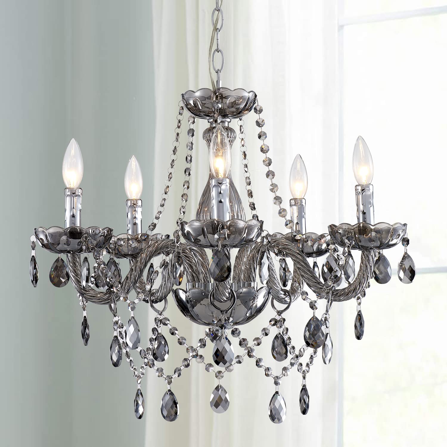 Saint Mossi 5-Light Modern K9 Crystal Chandelier - Adjustable Chain Contemporary Pendant Ceiling Light Fixture for Dining Room, Bedroom, Living Room - Smoky Gray | Elegant Lighting for Home Decor & Special Occasions