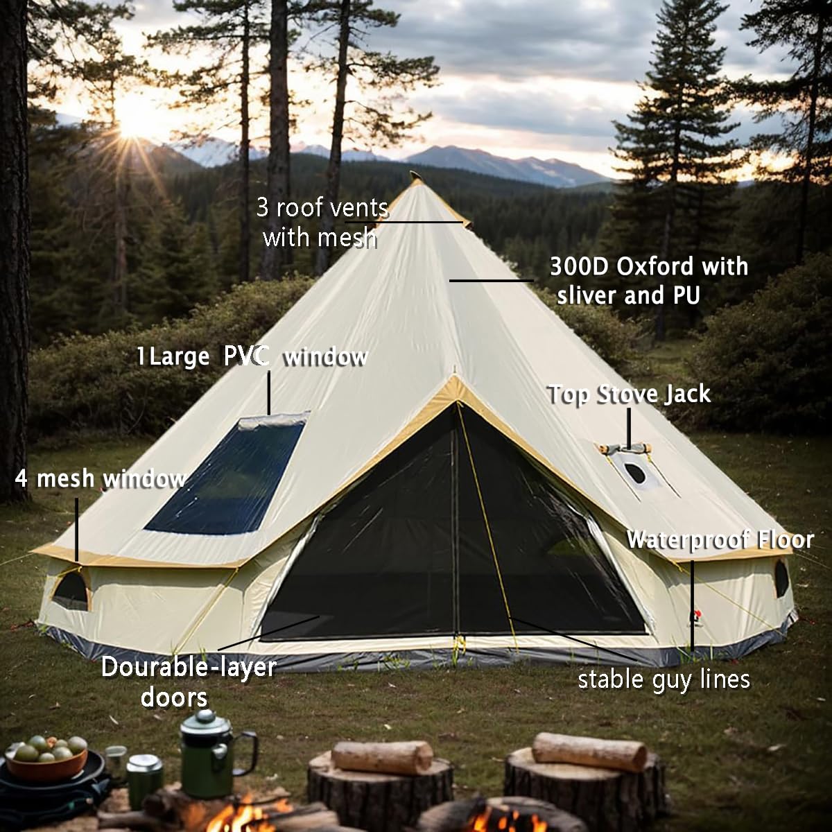 300D Oxford Waterproof Backpacking Bell Tent with Top Stove Jack - All Season Camping Yurt for Glamping, Outdoor Events & Parties (Off White, 13ft/16.4ft) - Perfect for Family Camping, Music Festivals & Wilderness Adventures
