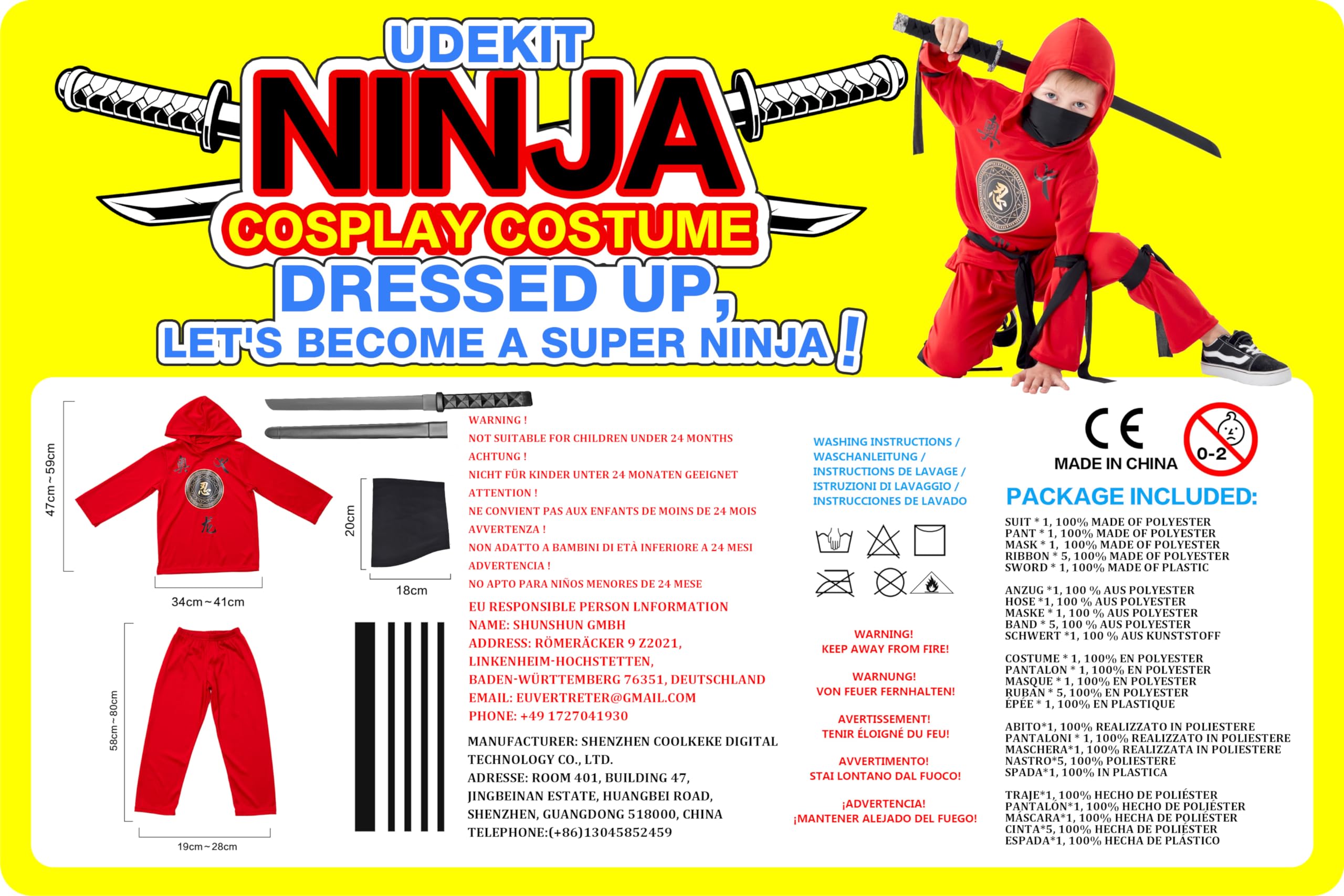 Udekit Red Ninja Costume Set for Kids - Hooded Outfit with Trousers, Ribbons & Toy Sword - Perfect for Halloween, Cosplay Parties & Role Play Adventures