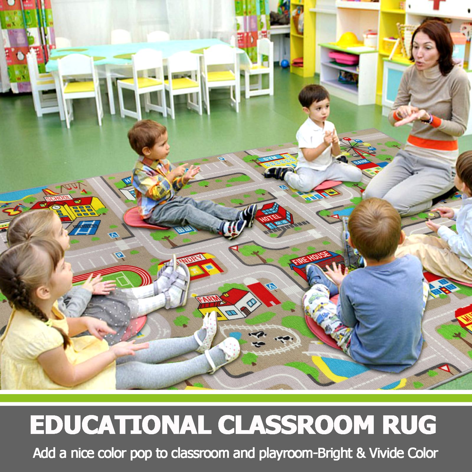 Non-Slip Washable Kids Play Mat - 6.6'x9.8' Tan City Map Road Rug for Toddlers | Playroom, Classroom & Nursery Decor | Perfect for Playtime, Learning & Car Racing Games