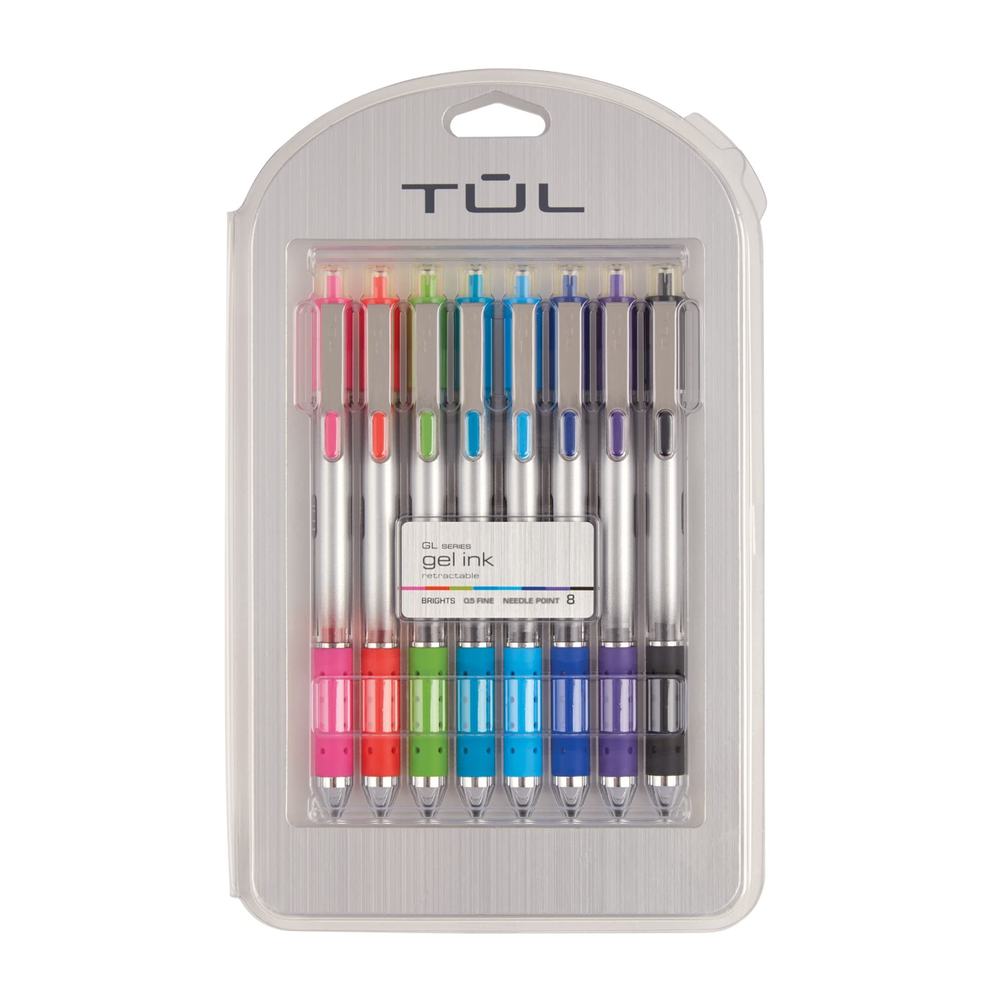 TUL Retractable Gel Pens - 0.5mm Needle Point Fine Tip, 8-Pack Assorted Bright Colors (Gray Barrel) - Perfect for Office, School, Note Taking & Art Projects