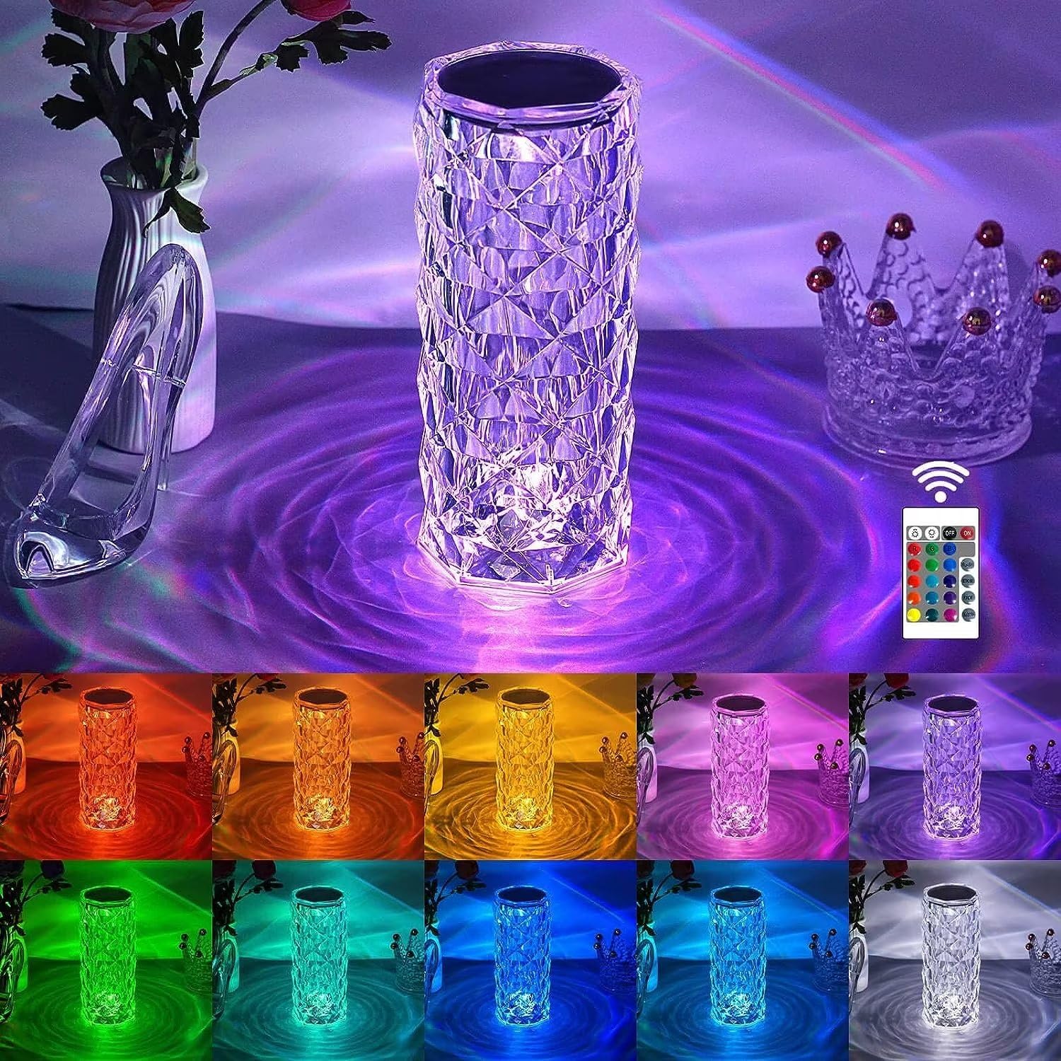 16-Color Rechargeable Crystal LED Table Lamp with Remote Control - Touch Night Light for Bedroom, Living Room & Office - Romantic Mood Lighting for Home Decor, Gifts & Relaxation