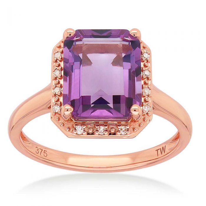 9ct Rose Gold Amethyst and Diamond Emerald Cut Ring for Women - Elegant Wedding, Engagement & Anniversary Jewelry Gift
