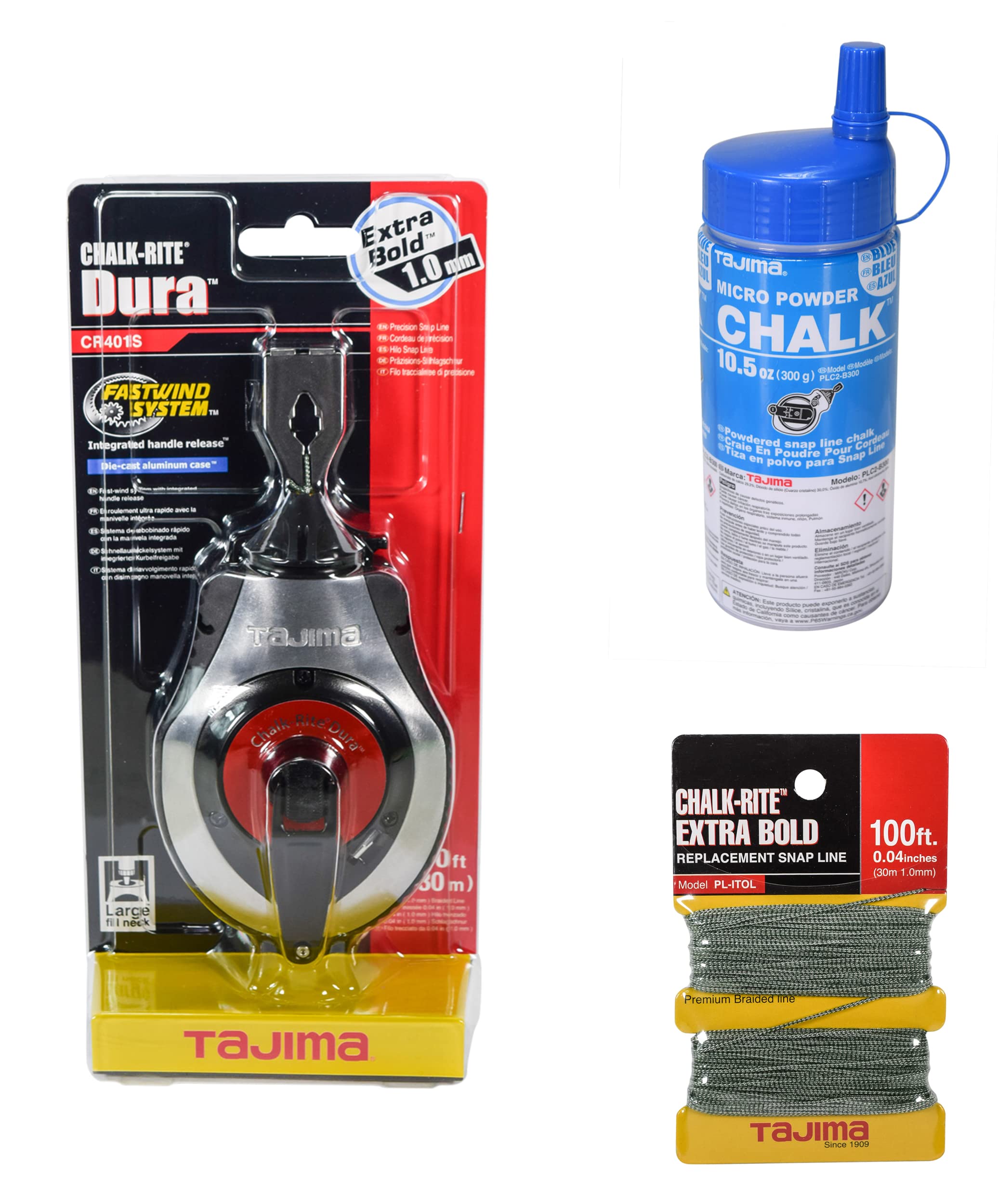 Tajima Chalk-Rite Dura 1mm Snap Line with Extra Bold Braided Replacement String & 10.5oz Ultra-Fine Blue Chalk - Professional Construction Marking Tool for Masonry, Carpentry and DIY Projects