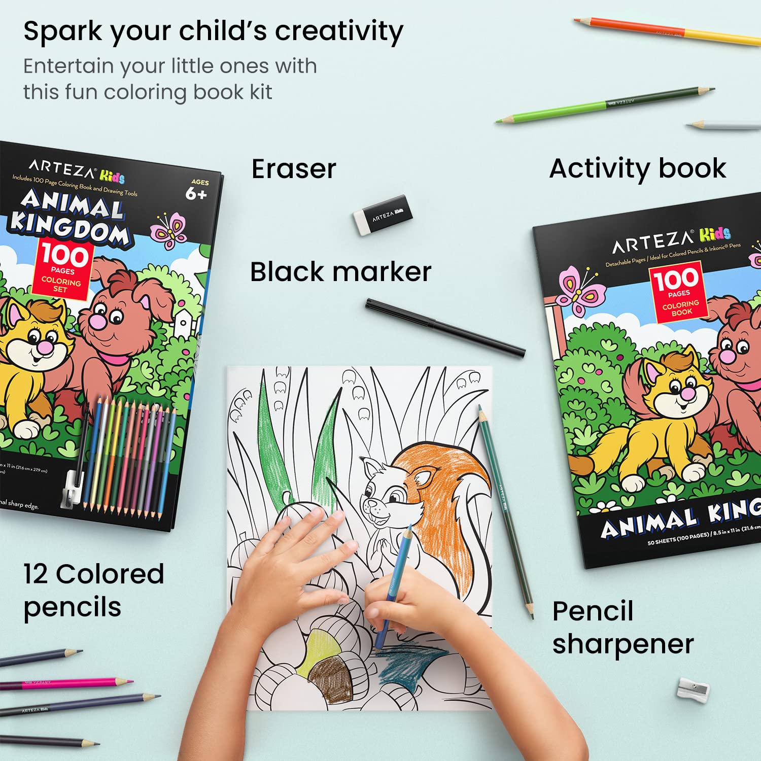 ARTEZA Kids Coloring Book with Colored Pencils - Animal Kingdom, 50 Sheets for Creative Fun