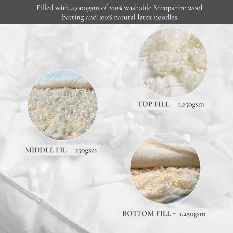 Sleep and Beyond myWoolly Latex Topper - 100% Natural Wool & Latex Filled Mattress Topper, 3-Inch Thick, Twin XL (39x81 Inches), Ivory - Perfect for Back Pain Relief & Temperature Regulation in All Seasons