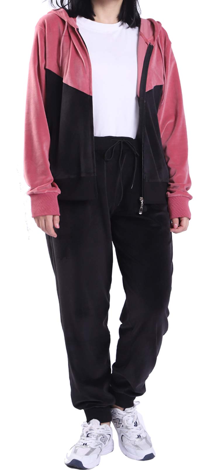 LeeHanTon Women's Velour Tracksuit Set - Athletic Zip Up Hoodie & Striped Sweatpants Outfit | Gym Wear, Lounge Set, Casual Street Style Fashion