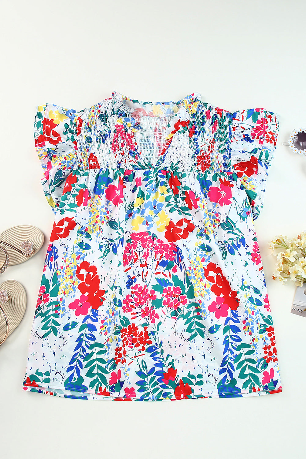 Plus Size Floral Print Flutter Sleeve Blouse - Women's Summer Vacation Tops for Beach, Cruise & Tropical Getaways