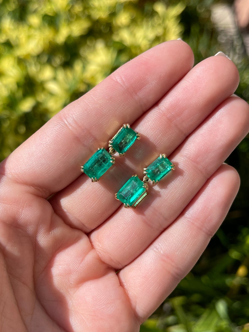 18K Yellow Gold Colombian Emerald Dangle Earrings - 8.93tcw AAA+ Vivid Green Gemstone Jewelry for Women, Perfect for Weddings, Parties & Special Occasions
