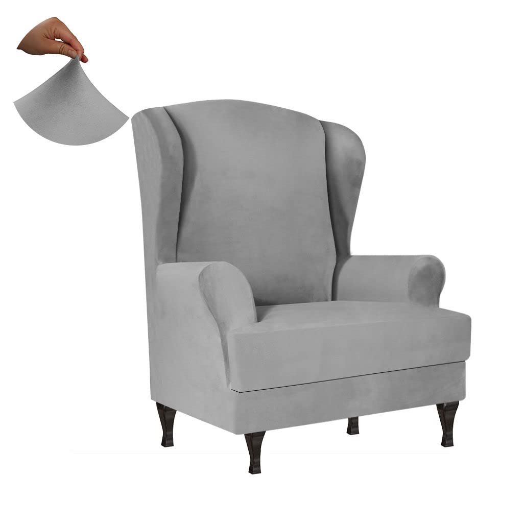 Premium Velvet Wingback Chair Slipcovers - 2-Piece Set (Light Gray) - Stretchable Furniture Protectors for Living Room, Dining Room & Office - Easy Fit for Wingback Chairs & Armchairs