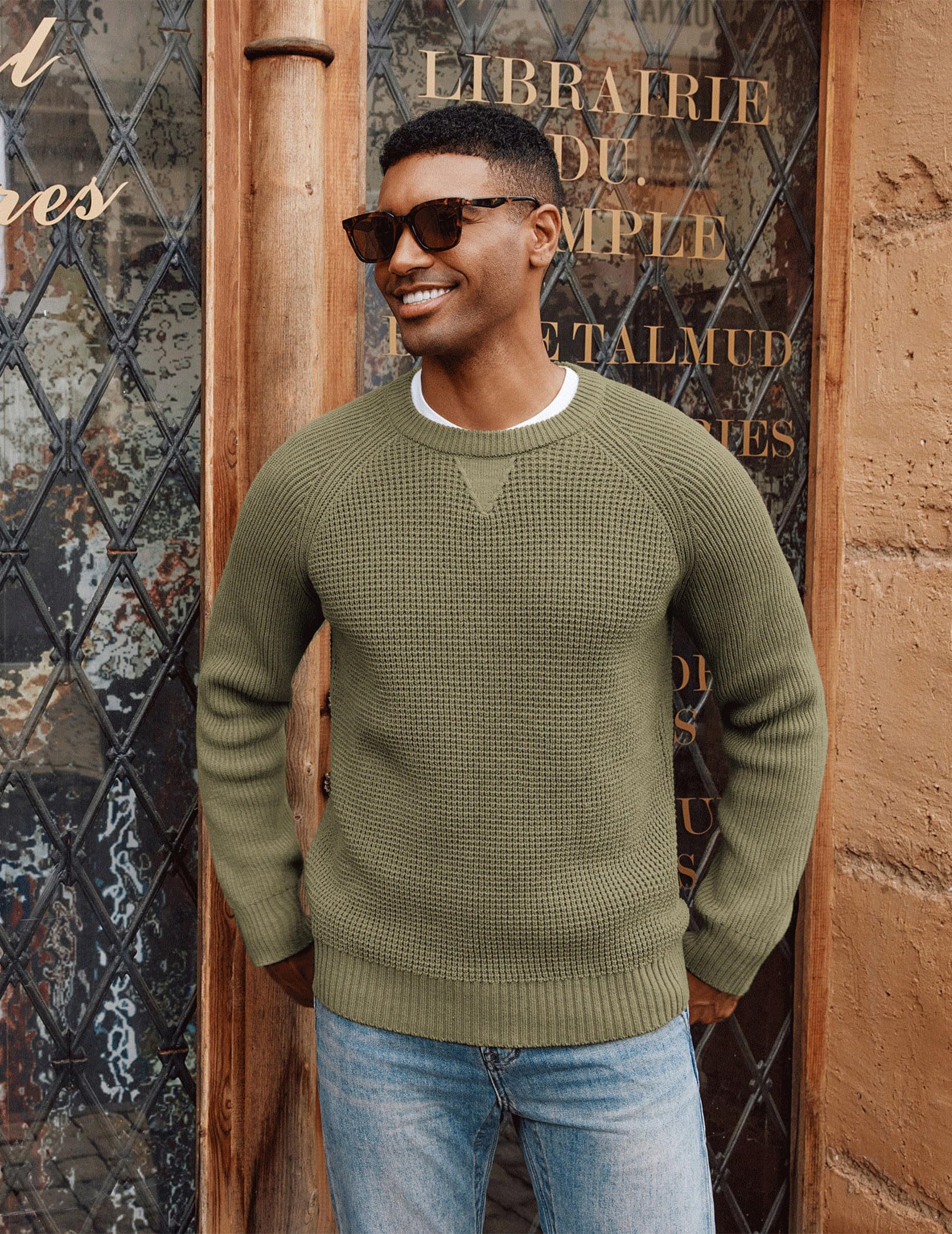 PJ PAUL JONES Men's Waffle Knit Crewneck Sweater - Raglan Sleeve Pullover for Casual Wear, Winter Layering & Office Outfits