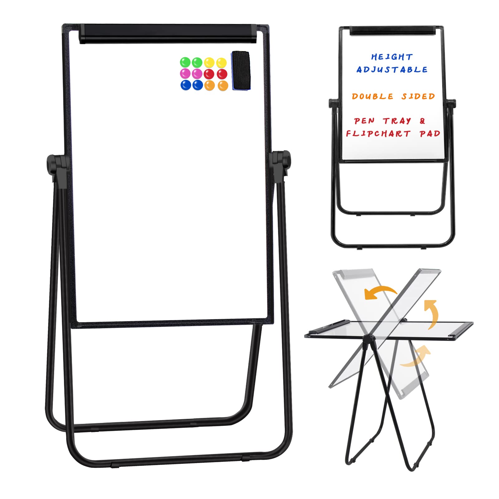Double Sided Magnetic Whiteboard with Stand - 40x28 Inches Adjustable Height & 360° Rotating Portable Dry Erase Board for Office, Classroom & Home Use - Perfect for Presentations, Teaching & Kids Learning Activities