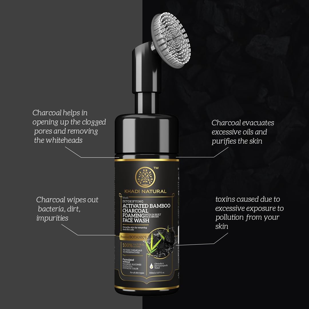 Khadi Natural Activated Bamboo Charcoal Foaming Face Wash with Built-in Brush | Anti-Pollution & Exfoliating Cleanser | Deep Pore Cleansing for Acne & Blackheads | Powered by Botanics (150ml) | Perfect for Daily Skincare Routine & Travel