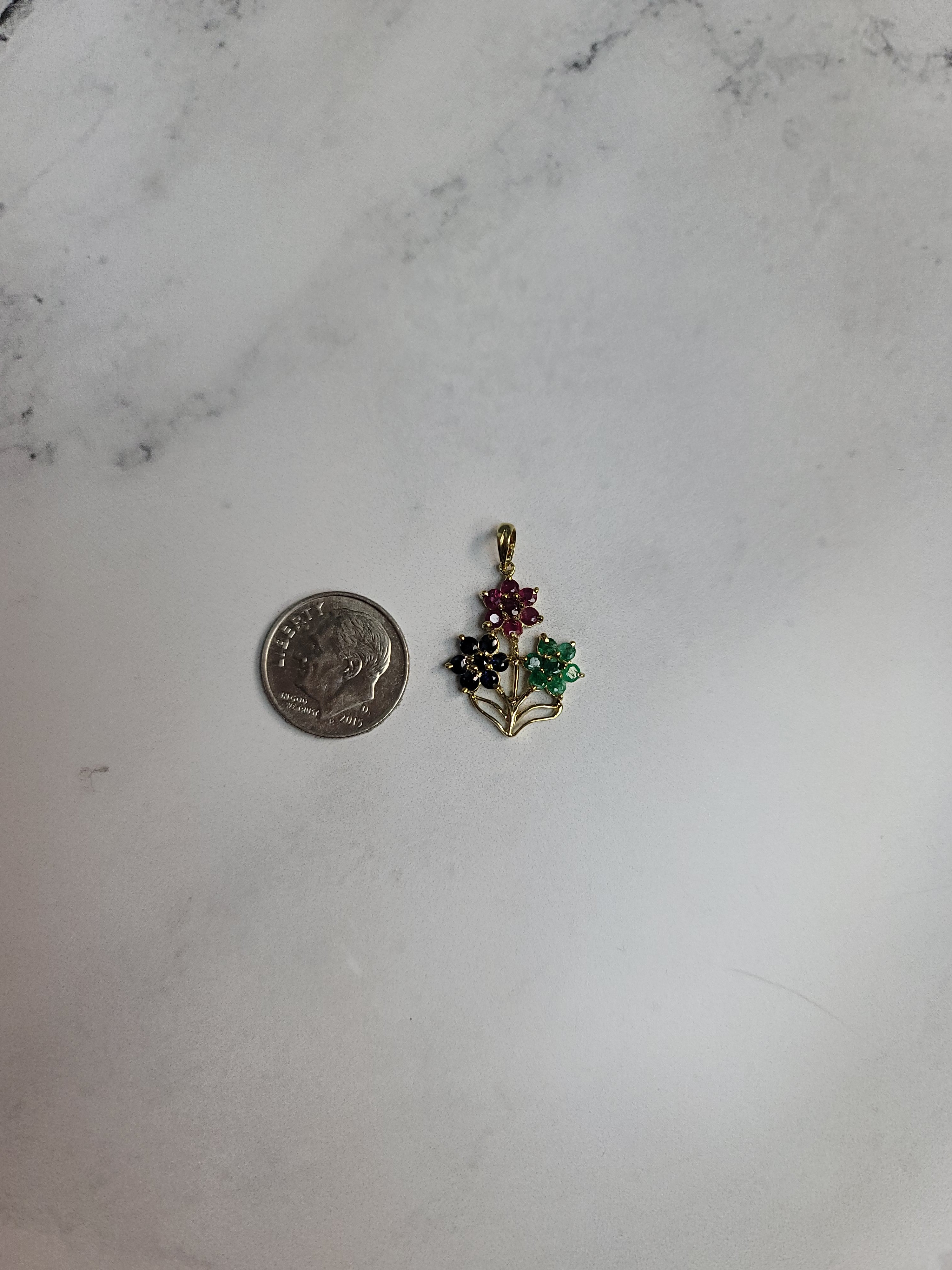 14k Yellow Gold Basket Full of Emerald, Sapphire & Ruby Flowers - Elegant Jewelry Gift for Women, Perfect for Weddings, Anniversaries & Special Occasions