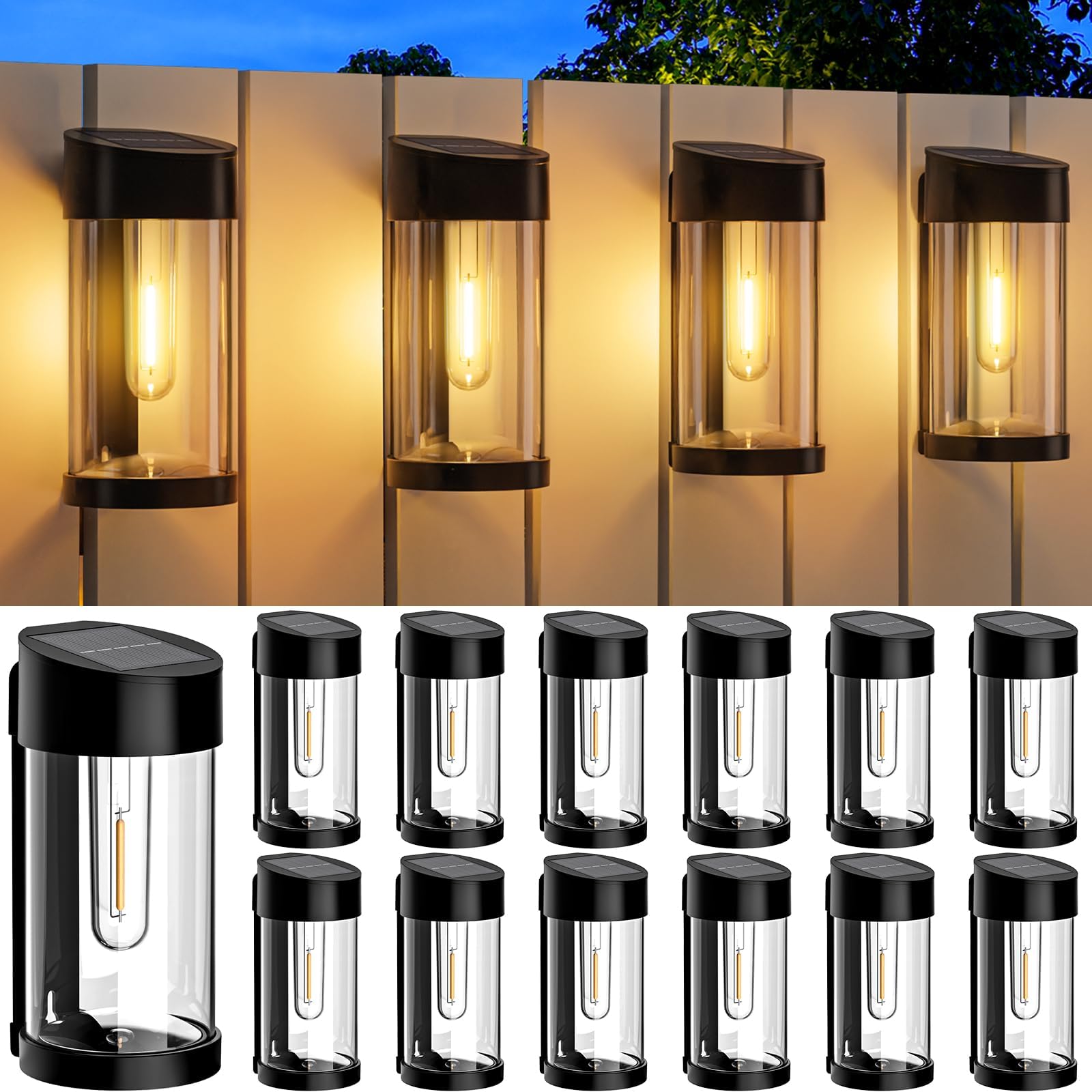 12 Pack Solar Fence Lights Outdoor - Waterproof Metal & Glass Solar Wall Lights for Garden, Backyard, Porch, Deck & Fence Post Decor - Warm White Solar Powered Retro Lighting for Nighttime Ambience
