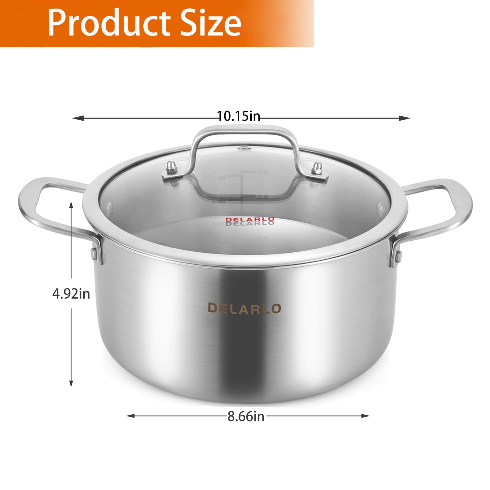 **DELARLO 5 Quart Tri-Ply Stainless Steel Stock Pot with Lid – Heavy Duty Soup & Stew Pot for All Stoves (Up to 600°F) – 20% Fuel Efficient, Fast & Even Heating – Perfect for Soups, Stews, Pasta & Large Family Meals**