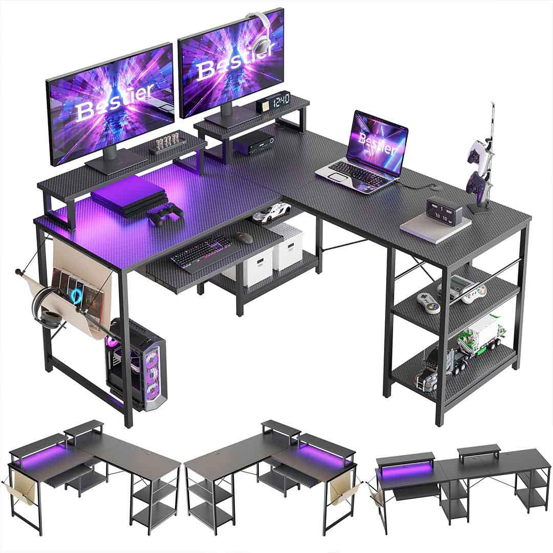 Bestier L-Shaped Computer Desk with Keyboard Tray - Ergonomic Home Office Desk for Gaming & Work - Perfect for Small Spaces & Corner Setups