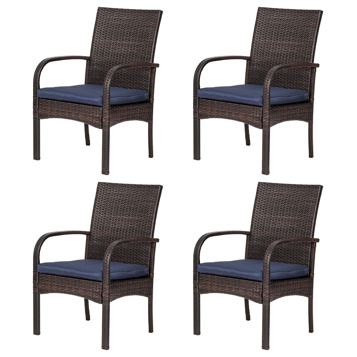 4 Pcs Wicker Patio Dining Padded Cushions - Outdoor Rattan Chairs with Armrest Support (350 lb Capacity, Brown) - Perfect for Backyard, Garden, and Poolside Relaxation