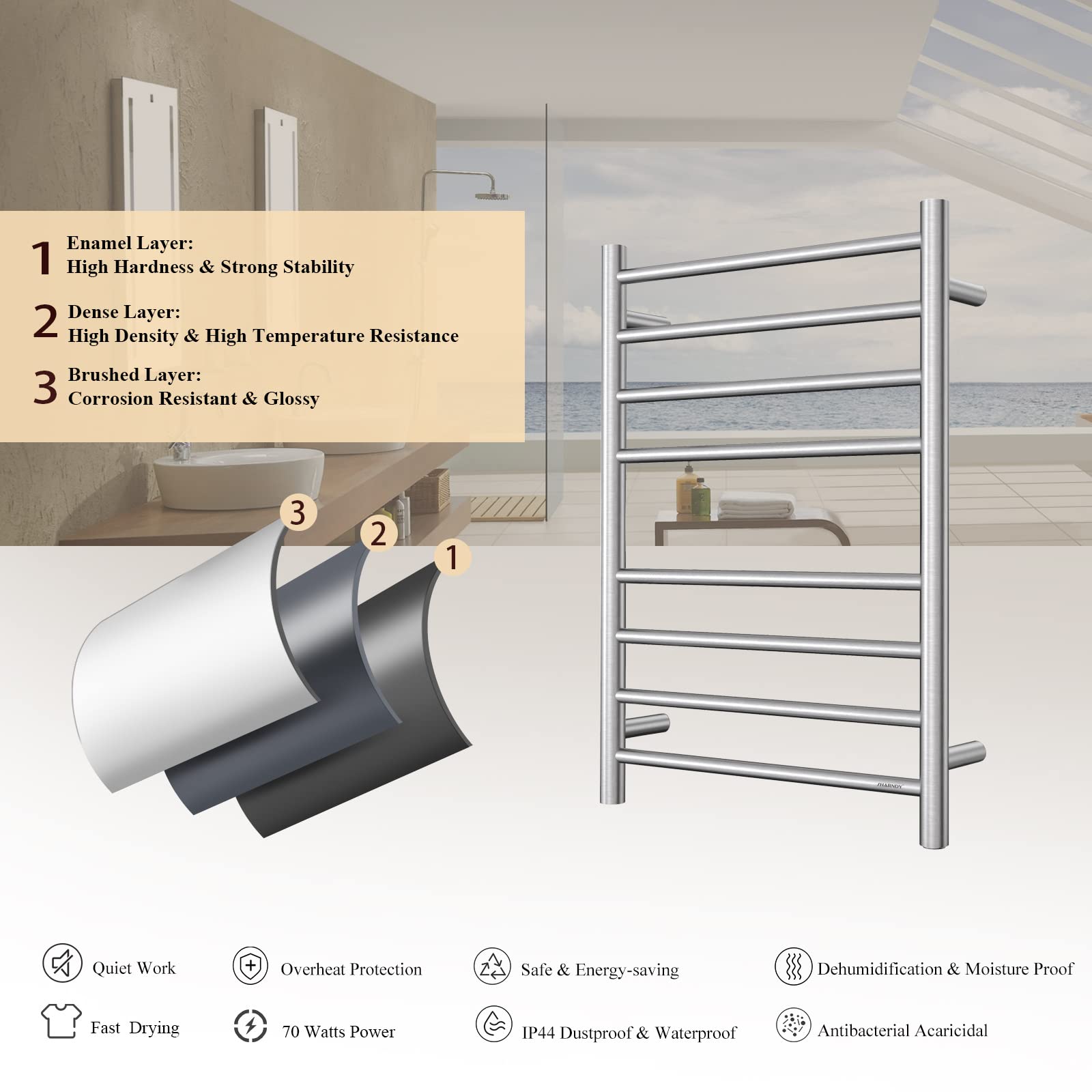 Brushed Nickel Electric Heated Towel Warmer - Wall Mounted Bathroom Towel Rack with 8 Stainless Steel Bars, 70W, 27.56x19.69x4.41 inches (ETW44-2) - Perfect for Spa, Luxury Bathrooms & Guest Room Towel Warming