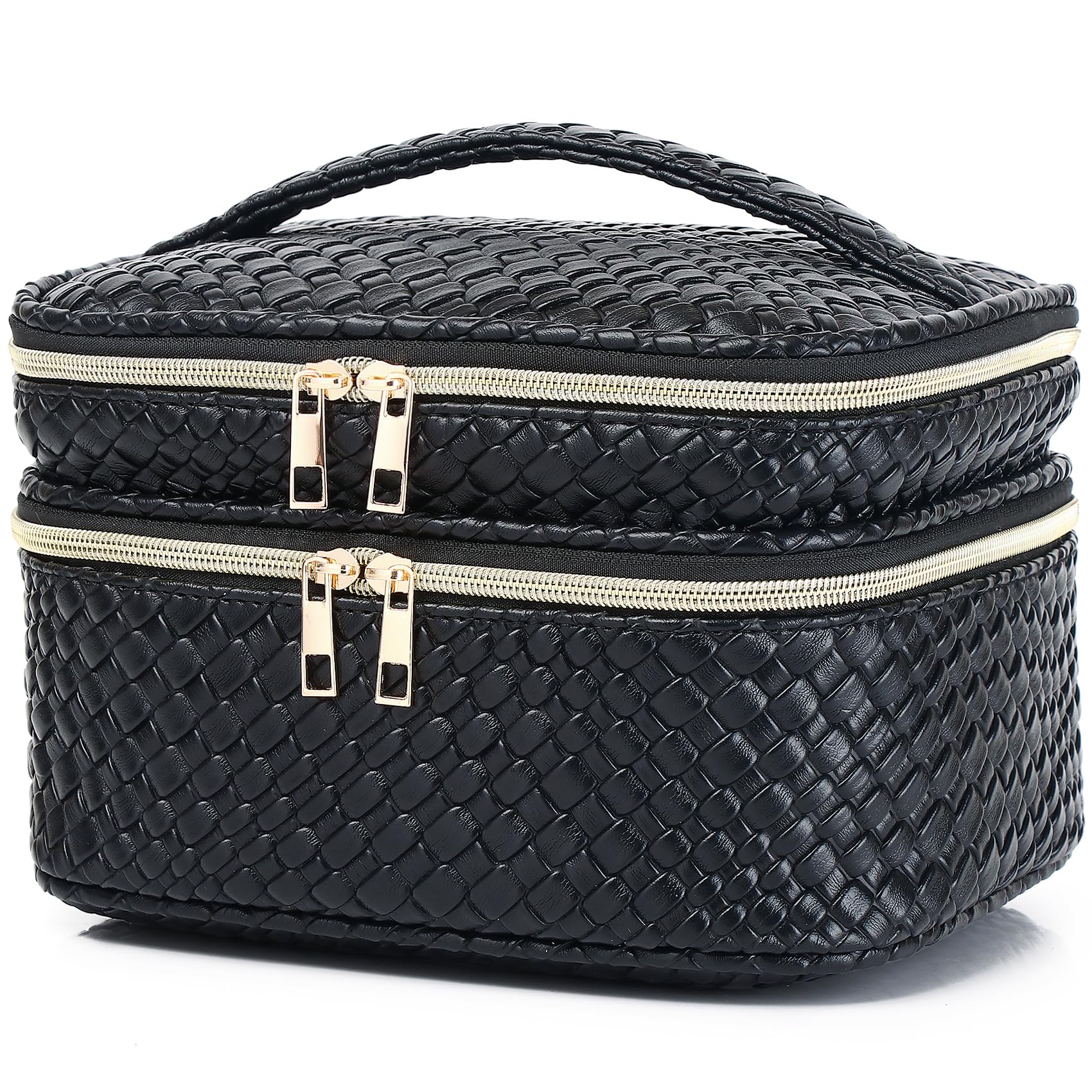 Waterproof Double Layer Travel Makeup Bag for Women with Jewelry Organizer - Large Portable Cosmetic & Toiletry Storage Box (Black) - Perfect for Vacation, Business Trips & Daily Organization
