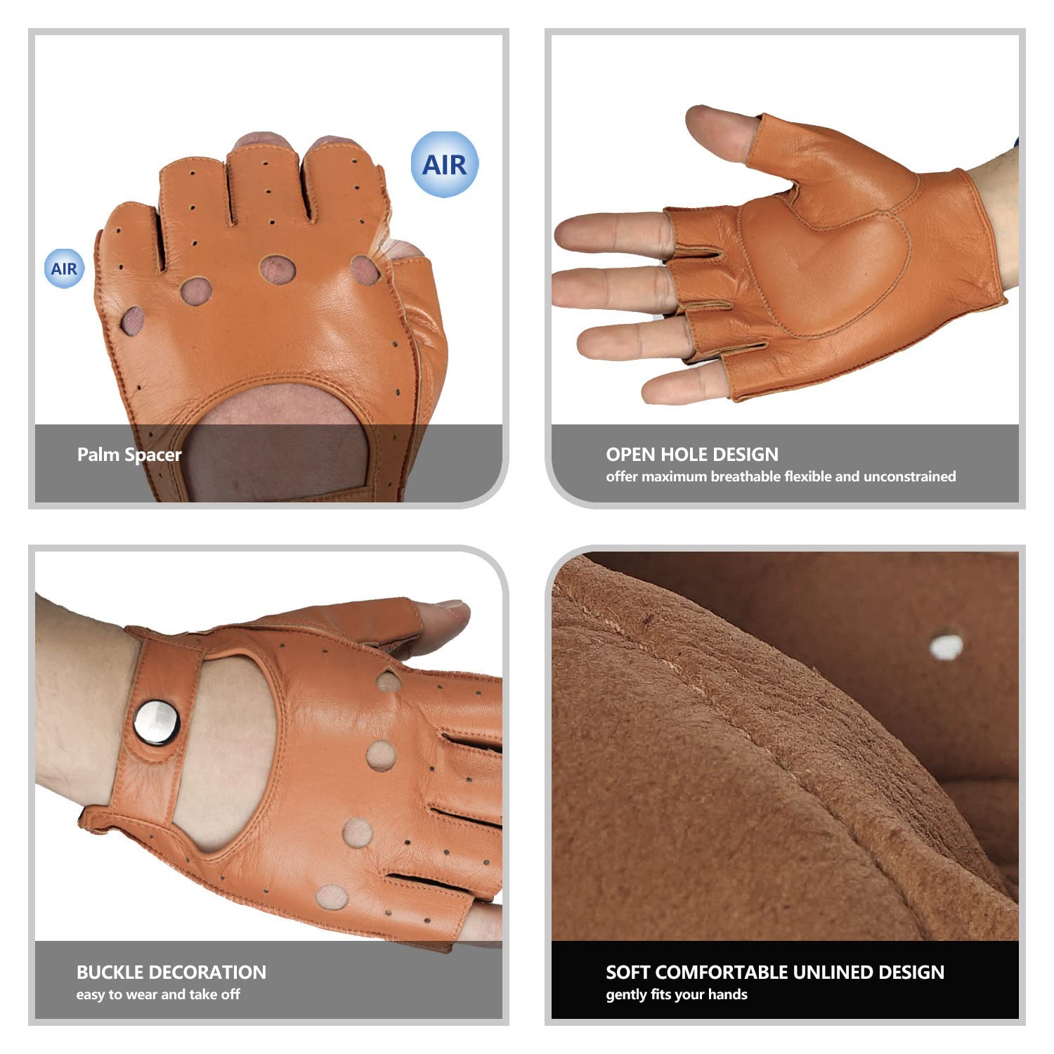 GSG Men's Fingerless Leather Gloves for Driving, Cycling & Motorcycle - Breathable Half Finger Unlined Gloves for Comfort & Grip - Perfect for Commuting, Sports & Outdoor Activities