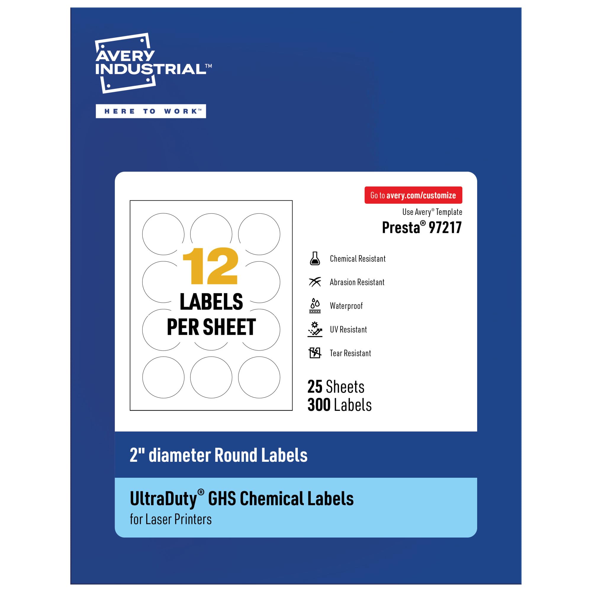 Avery UltraDuty GHS Labels - 2 Inch Round Waterproof Labels (300 Pack, White) - Durable Chemical Safety Labels for Laser Printers - Perfect for Hazardous Material Containers & Workplace Safety Compliance