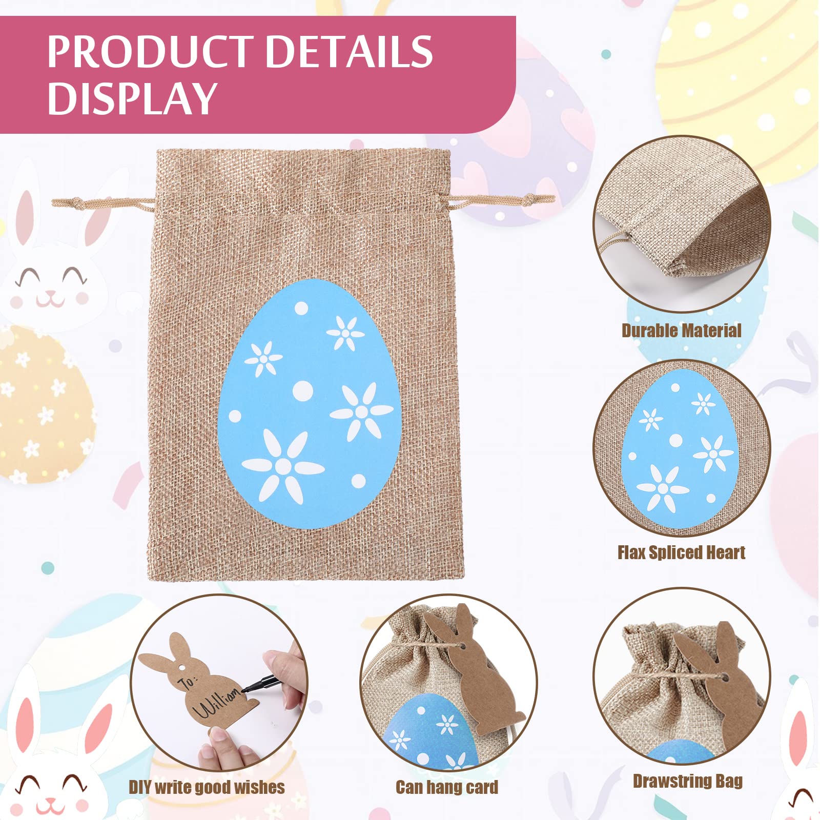 Shappy 24 Pcs Easter Burlap Drawstring Gift Bags - Bunny Linen Goodie Bags with Double Jute Drawstrings for Easter Egg Hunt, Party Favors, Candy Storage & Holiday Decorations (Cute Style)
