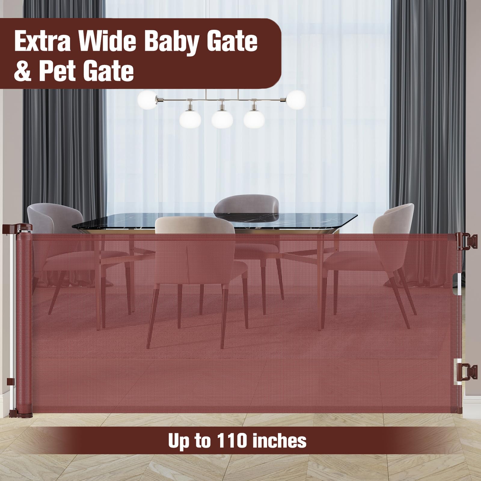**110 Inch Extra Wide Retractable Baby & Dog Gate for Large Openings - Indoor/Outdoor Safety Barrier for Doorways, Stairs, Decks - Durable Brown Pet & Child Proof Gate for Home Use**