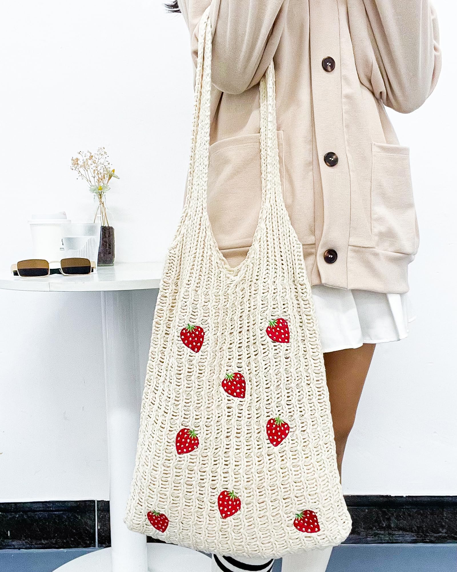 Stylish Strawberry Crochet Tote Bag - Handmade Knitted Shoulder Bag for Women | Perfect for Beach, Shopping & Everyday Use