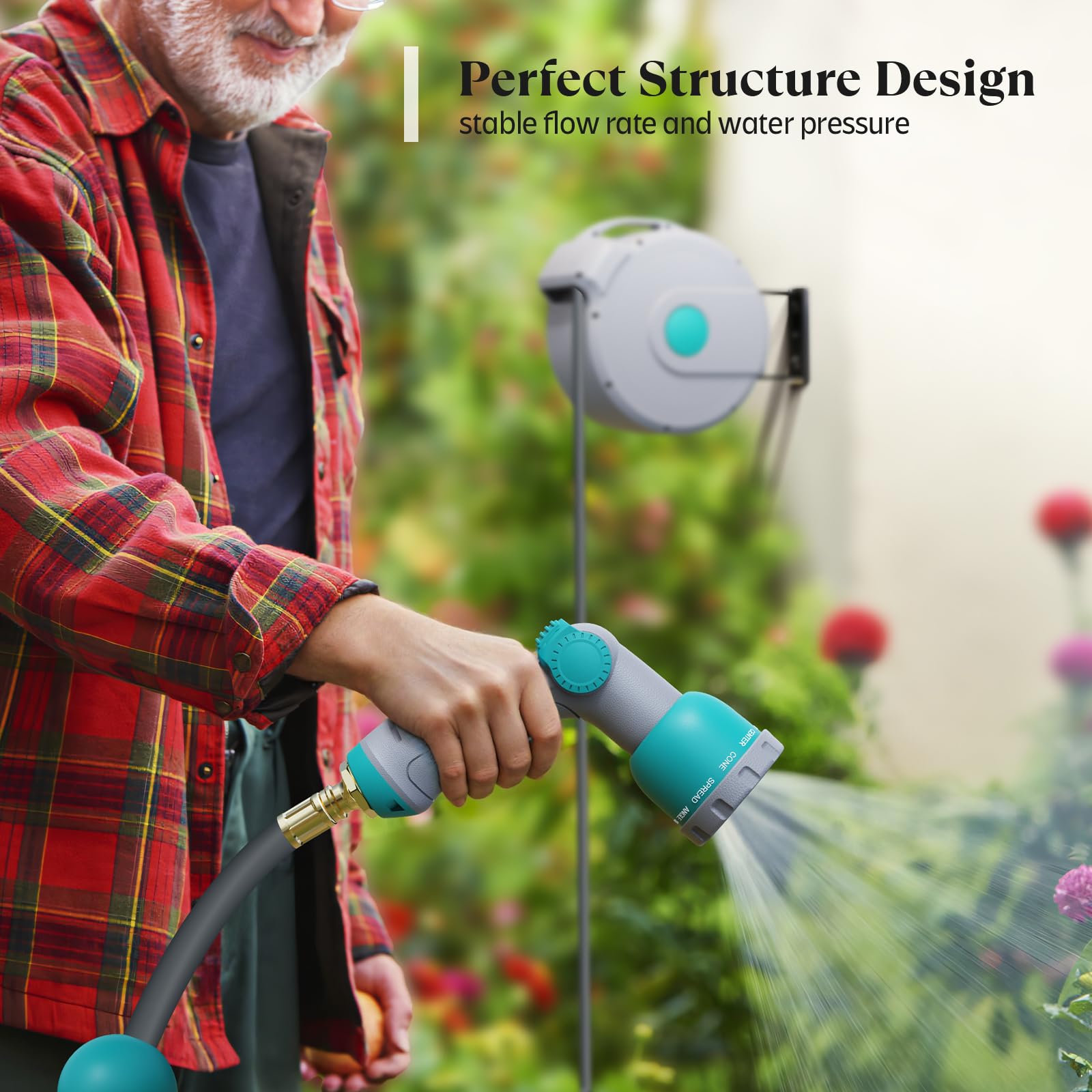 Retractable Garden Hose Reel - 1/2 Inch x 100 Feet Wall Mounted with 10-Function Spray Nozzle, Adjustable Length Lock, Slow Return System, 180° Swivel Bracket (Grey) - Perfect for Lawn Care, Car Washing & Outdoor Cleaning