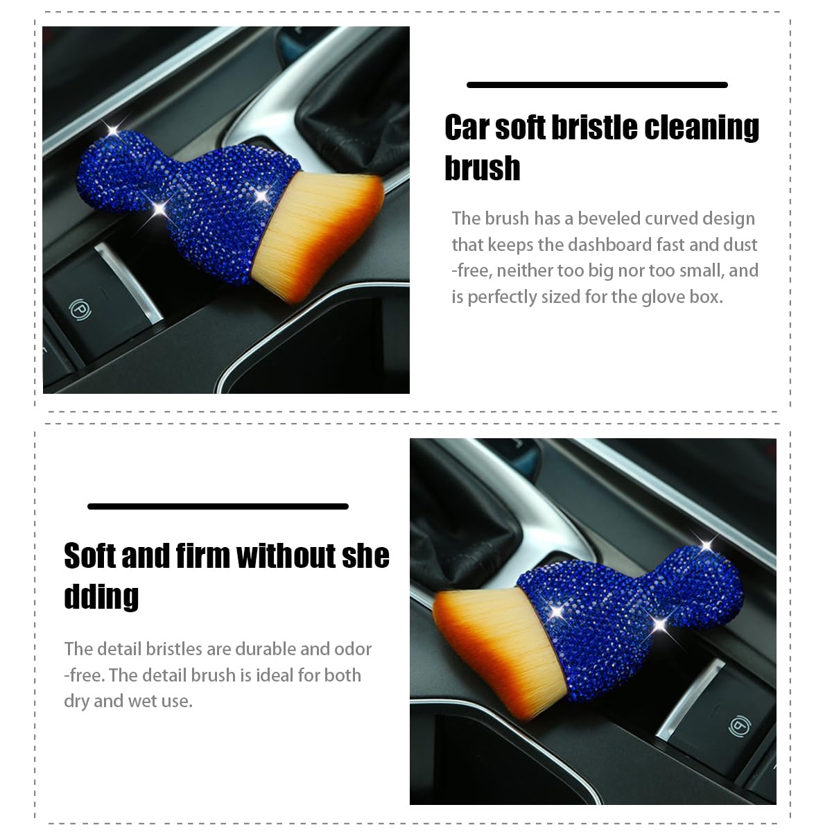 Premium Car Interior Cleaning Brush - Soft Bristle Dusting Tool with Diamond Bling Handle | Scratch-Free Dashboard, AC Vent & Interior Detailing Brush for Cars, Trucks & SUVs | Perfect for Auto Detailing, Home & Office Cleaning (Blue)