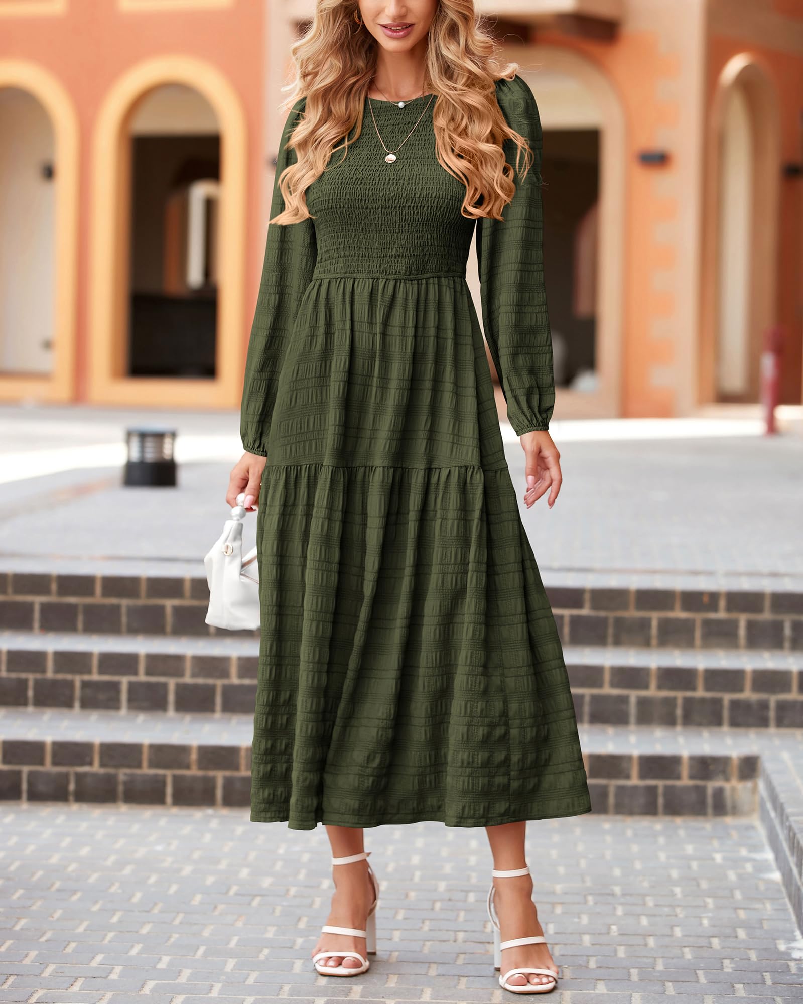 Dowerme Women's Boho Maxi Dress - Long Sleeve Smocked Tiered A-Line Flowy Wedding Party Dress for Spring 2025 | Perfect for Beach Weddings, Garden Parties & Casual Outings