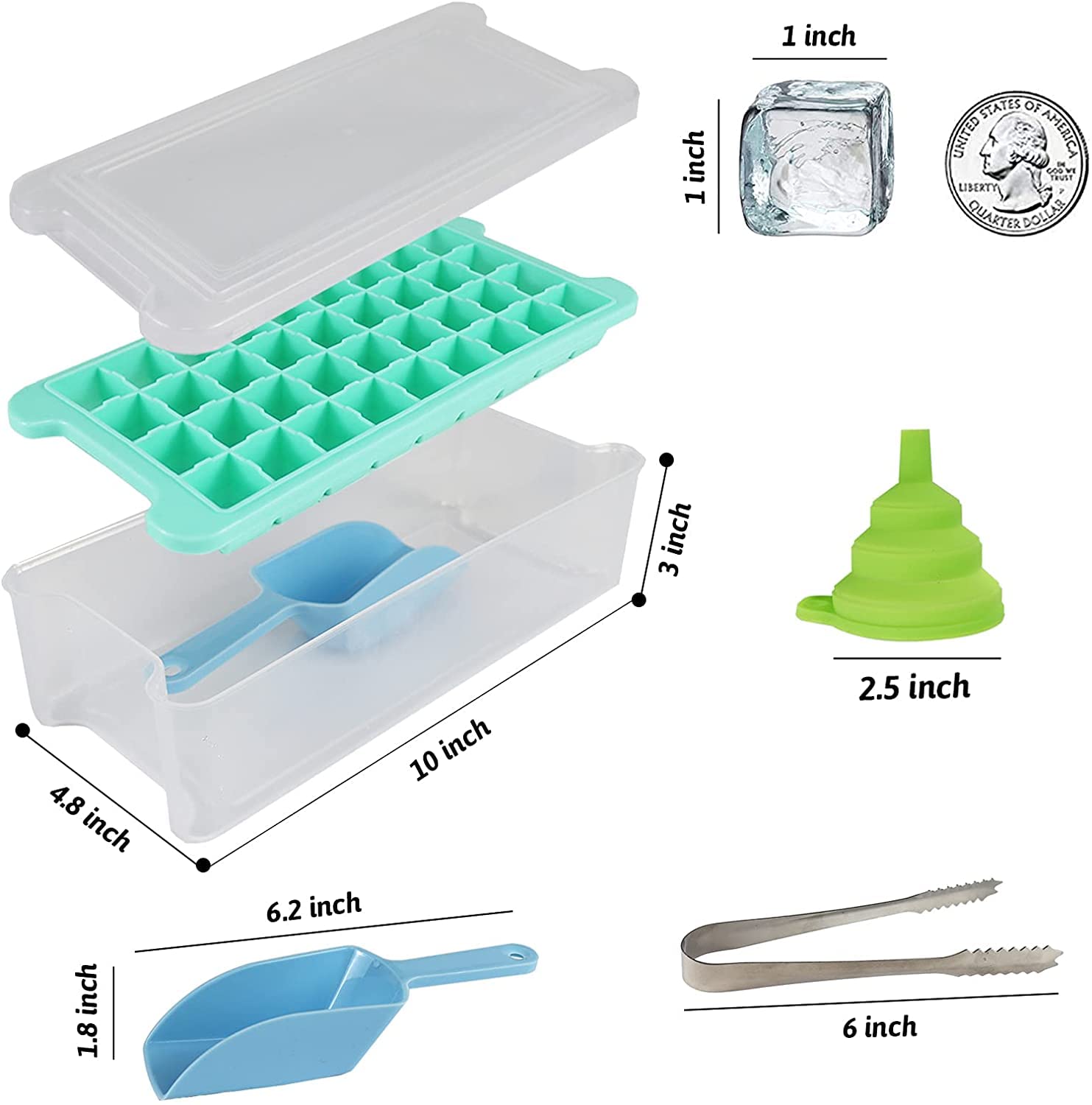 36 Nugget Food-Grade Silicone Ice Cube Tray with Lid & Storage Bin - Flexible Ice Mold Set Includes Scoop, Tongs & Silicone Funnel - Perfect for Cocktails, Smoothies & Party Drinks (Green, 2-Pack)