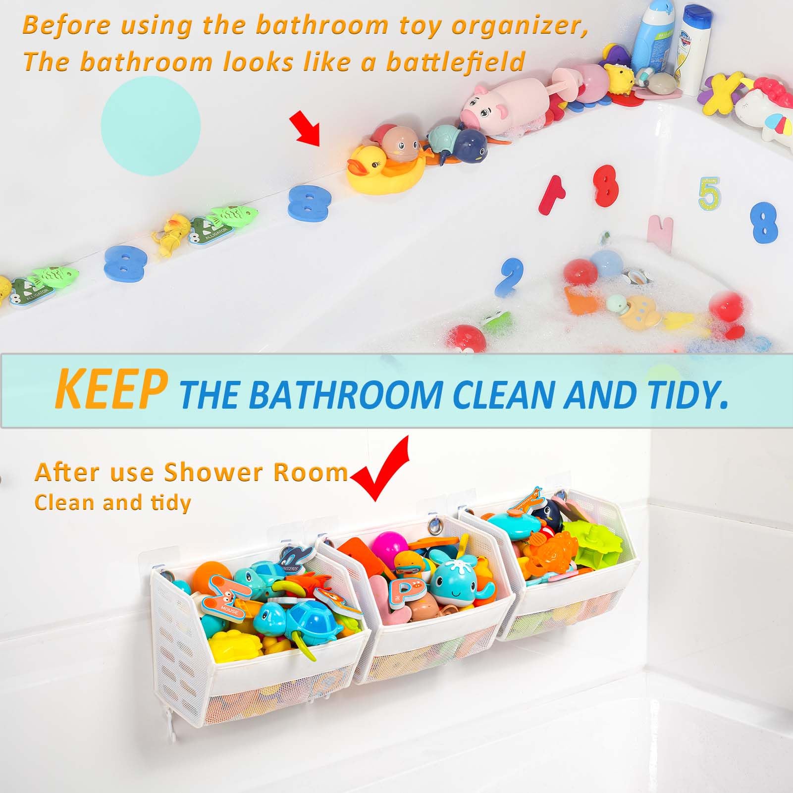 3-Piece Bath Toy Organizer Set - Multi-Functional Bathtub Toy Holder with Quick Drain for Easy Toy Storage | Perfect for Kids Bath Time Organization & Bathroom Decor