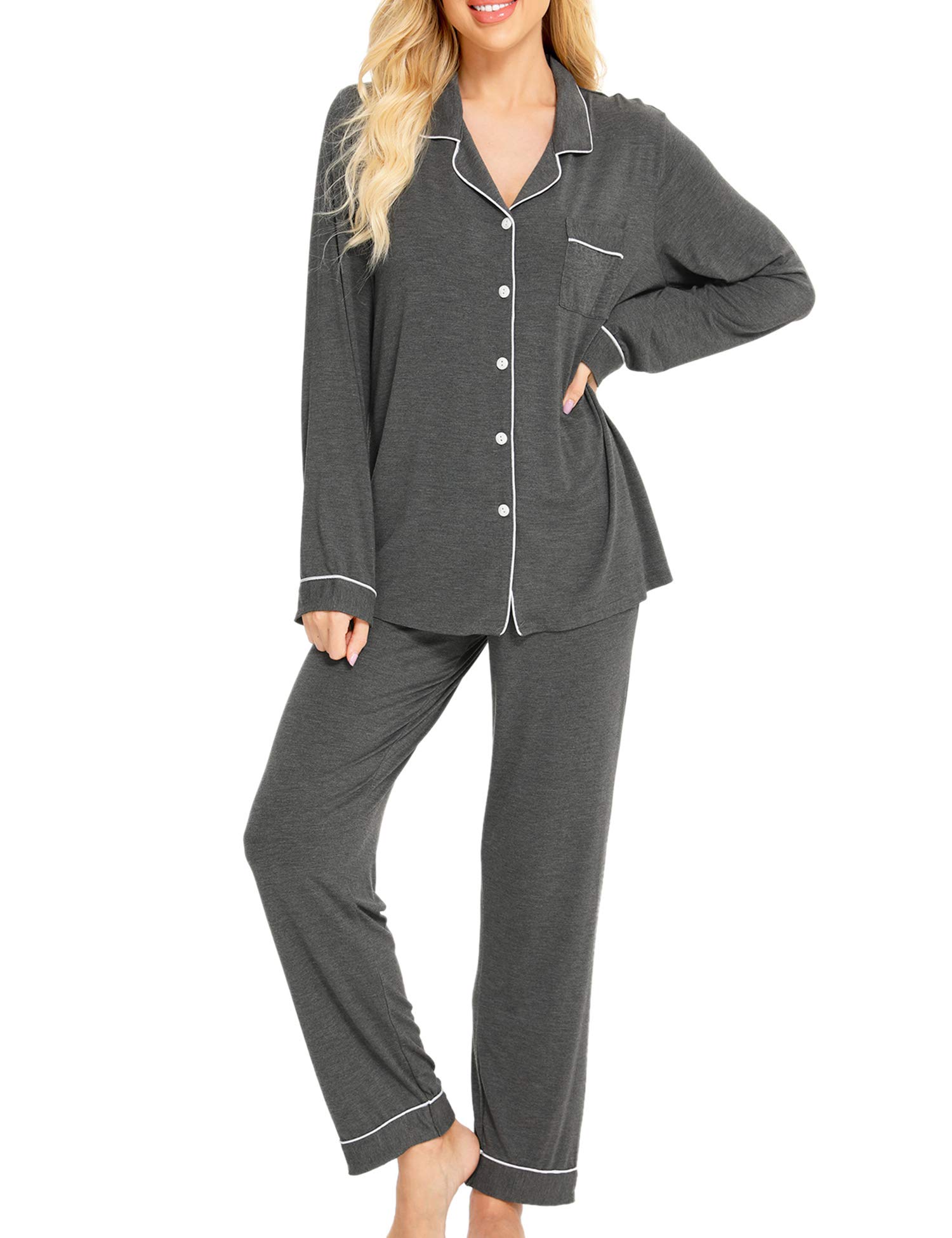 SWOMOG Women's Long Sleeve Pajama Set - Soft Cotton Button Down Sleepwear & Lounge Pjs for Nighttime Comfort, Relaxing at Home or Gift Giving