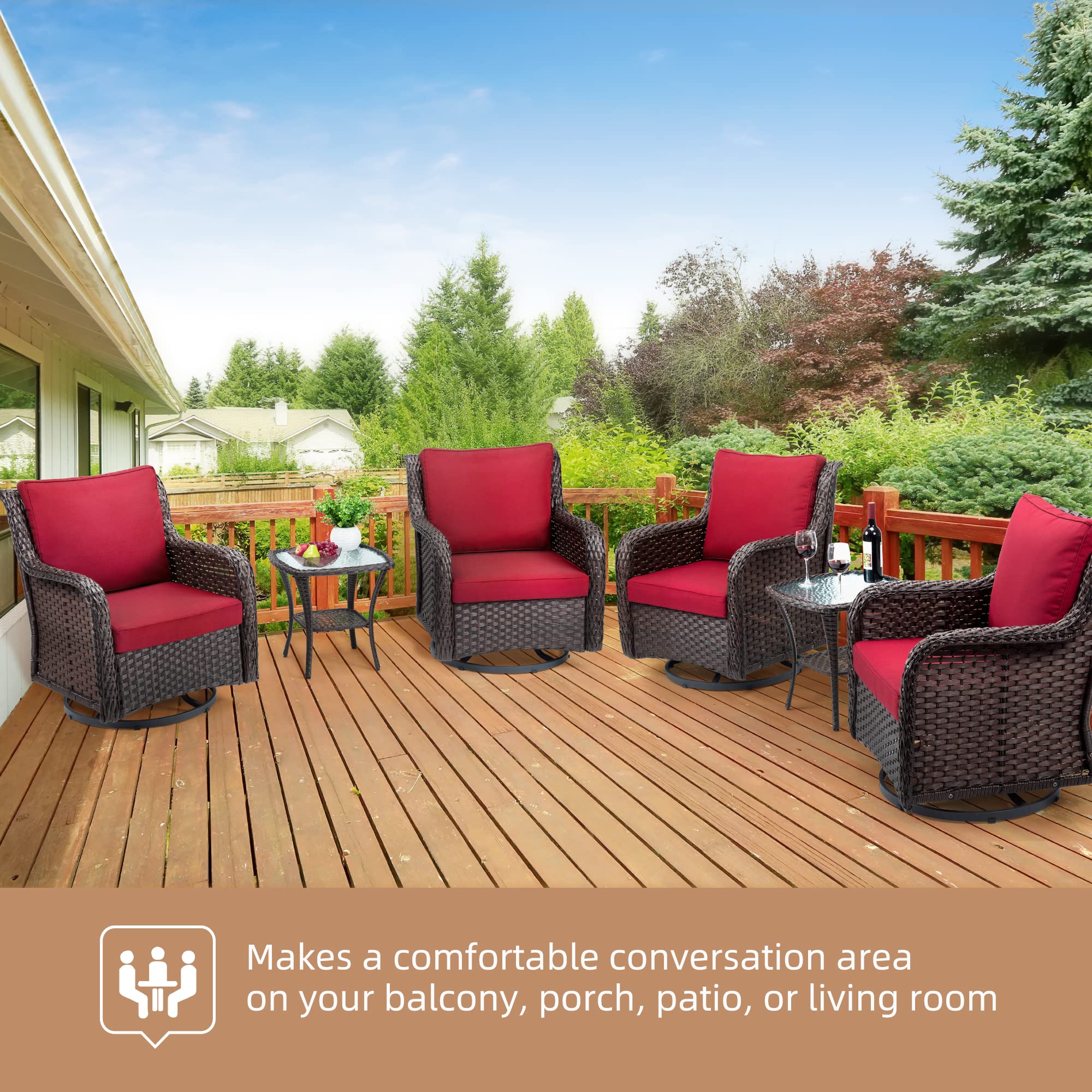 GARVEE 3-Piece Rattan Swivel Rocking Chair Set for Outdoor Patio - Wicker Bistro Conversation Furniture with Cushions & Side Table - Weather-Resistant Red Encrypted Rattan - Perfect for Garden, Poolside or Backyard Relaxation