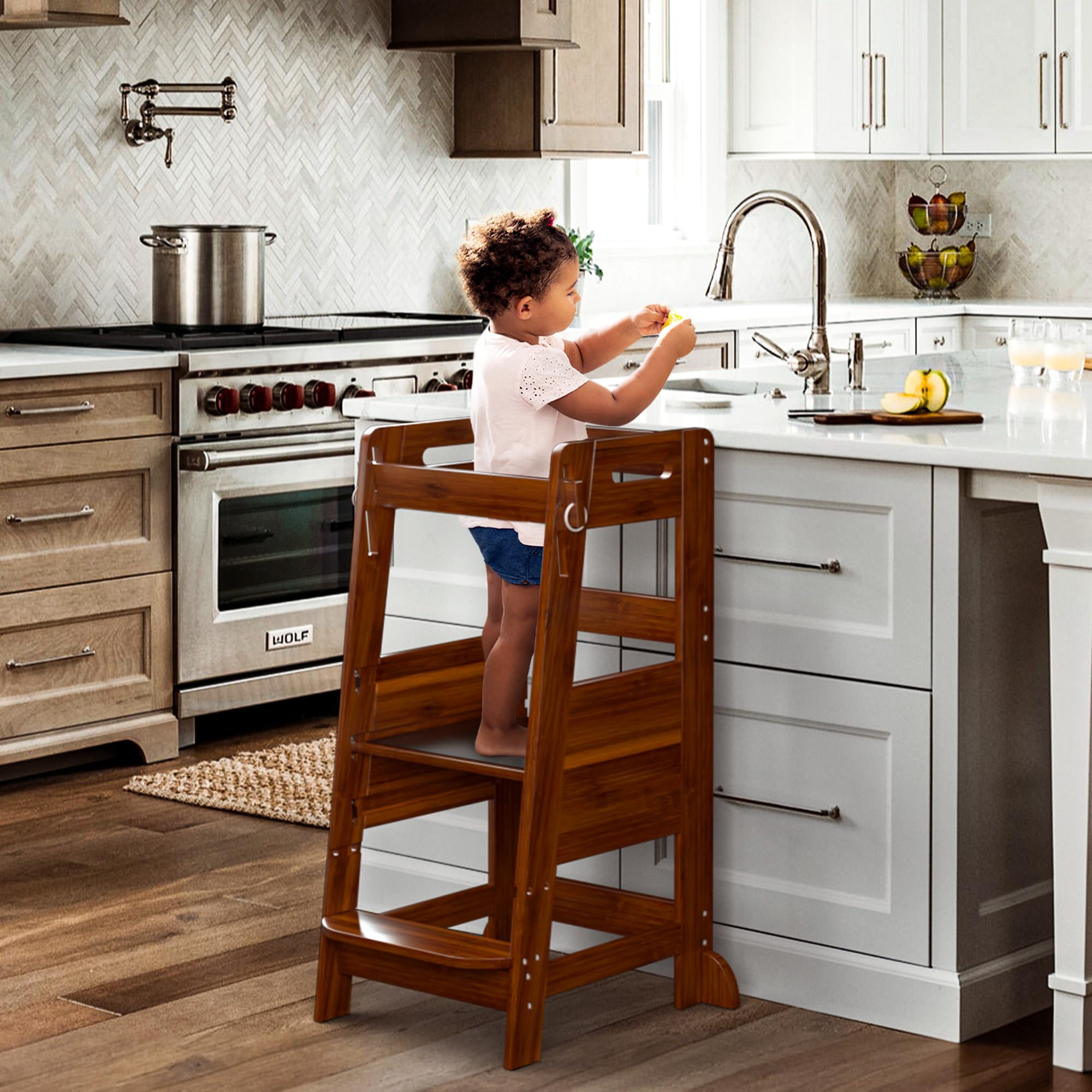 TOETOL Adjustable Bamboo Toddler Step Stool - Anti-Slip Kitchen Helper Tower for Kids | Safe Learning Stool for Cooking, Baking & Playtime Activities