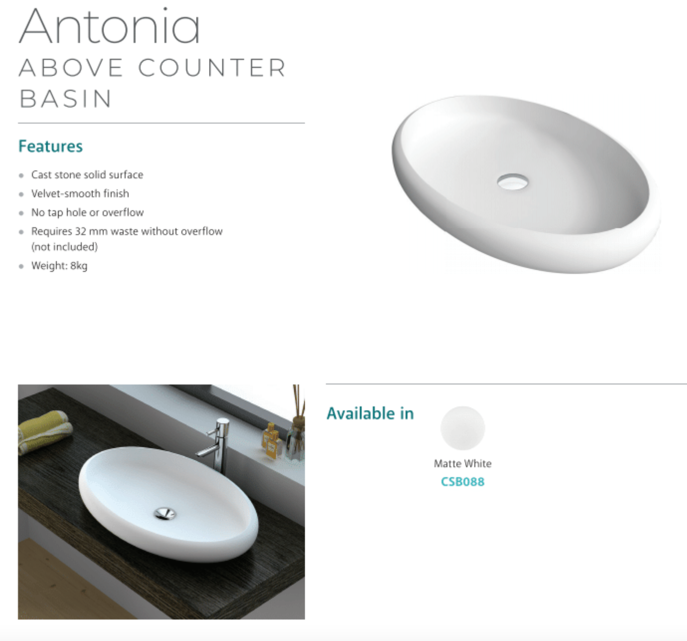 Fienza CSB088 Antonia Cast Stone Solid Surface Bathroom Sink Basin, Matte White - Perfect for Modern Vanities and Powder Rooms