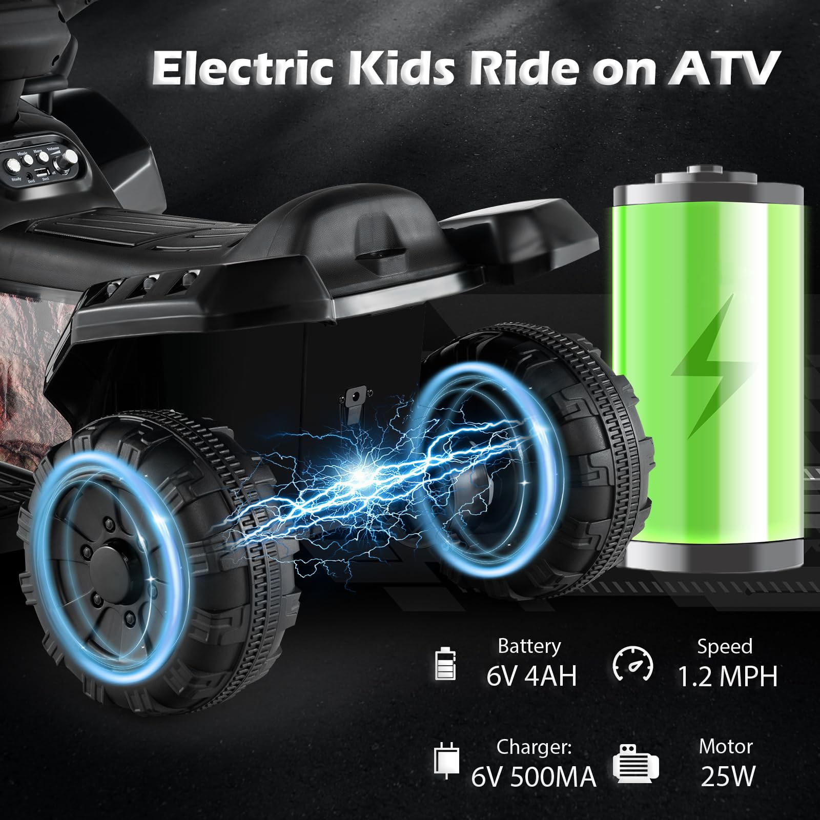 Costzon 6V Kids ATV Electric Ride-On Toy with Storage Basket, Headlight, Horn, Music, MP3 & USB - Battery Powered Four Wheeler Quad for Toddlers 18-36 Months (Black+Camo) - Perfect for Outdoor Play, Backyard Adventures & Birthday Gifts for Boys & Girls