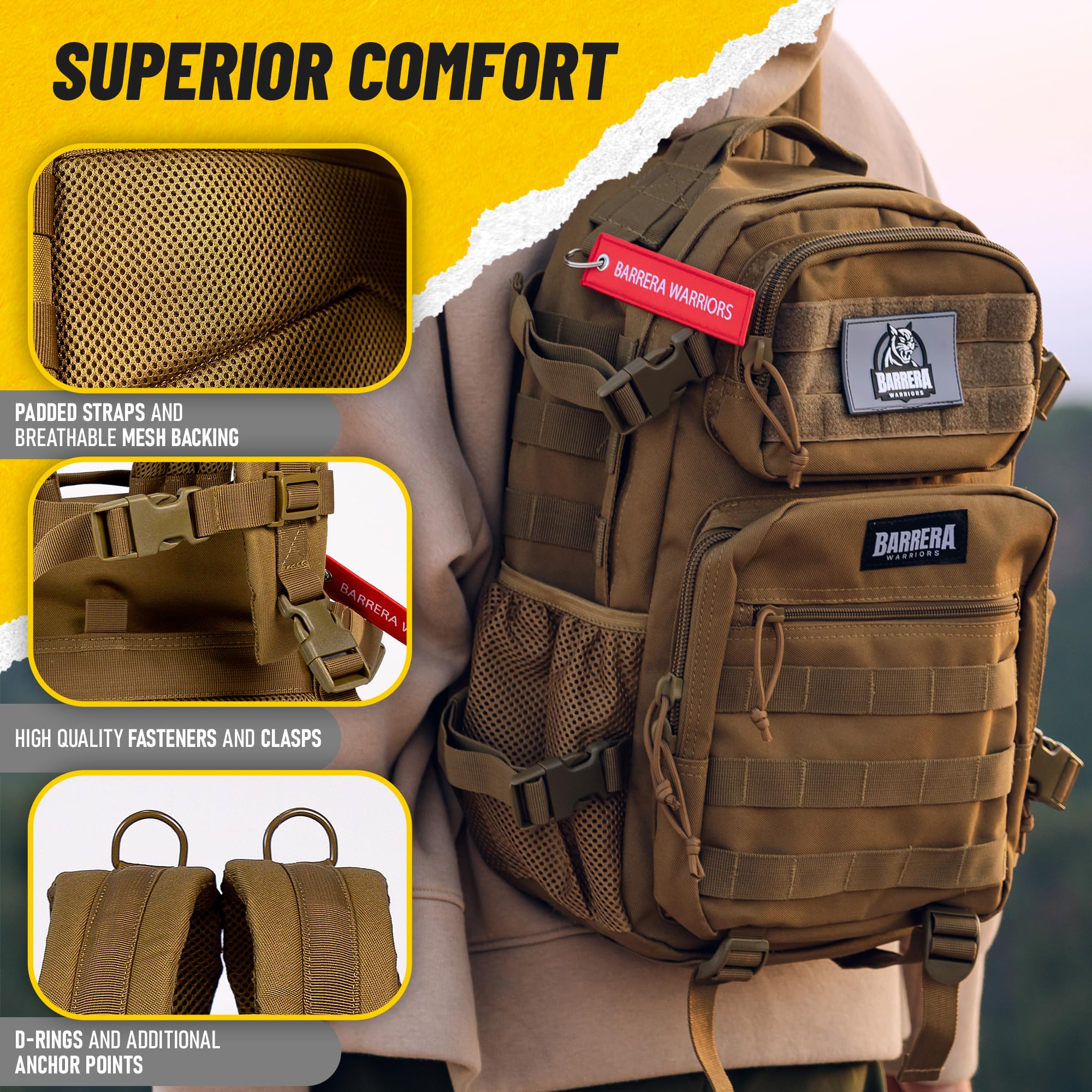 BARRERA Warriors 25L Tactical Backpack - Military MOLLE Assault Pack for Men, Durable Outdoor Hiking & Travel Backpack with Laptop Compartment (Mud Brown) - Perfect for Camping, Hiking, Airsoft & Everyday Use
