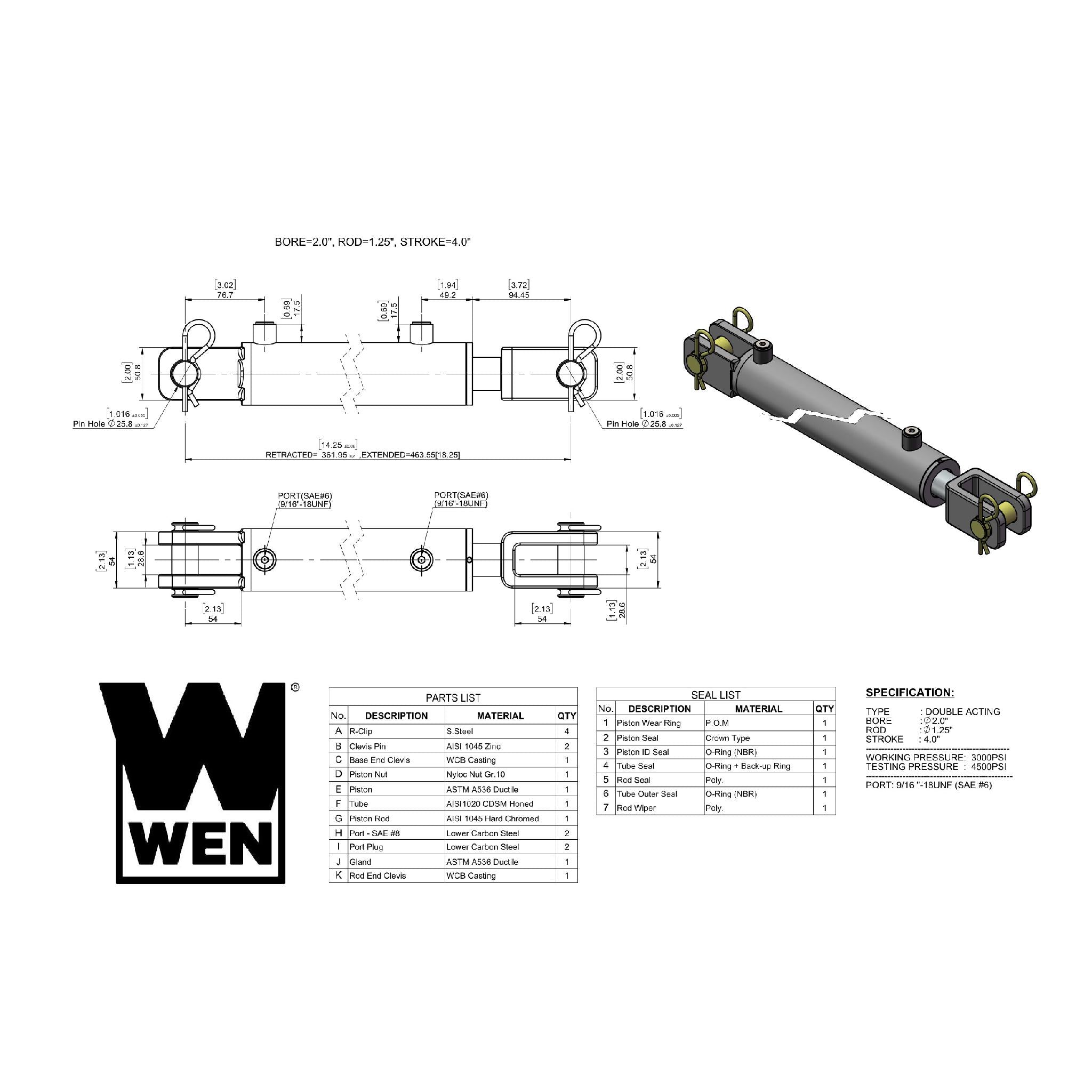 WEN CC2004 2-Inch Bore 4-Inch Stroke Clevis Hydraulic Cylinder - Heavy Duty Hydraulic Jack for Automotive Repair, Industrial Equipment & Farm Machinery