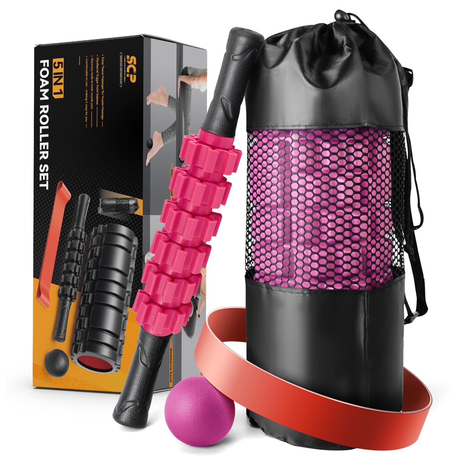 5 in 1 Foam Roller Set for Deep Tissue Muscle Massage & Recovery - Trigger Point Fitness Patented Exercise Foam Roller, Massage Roller, Massage Ball & Stretching Strap - Full Body Pain Relief for Athletes, Yoga & Post-Workout Recovery (Pink-Black)